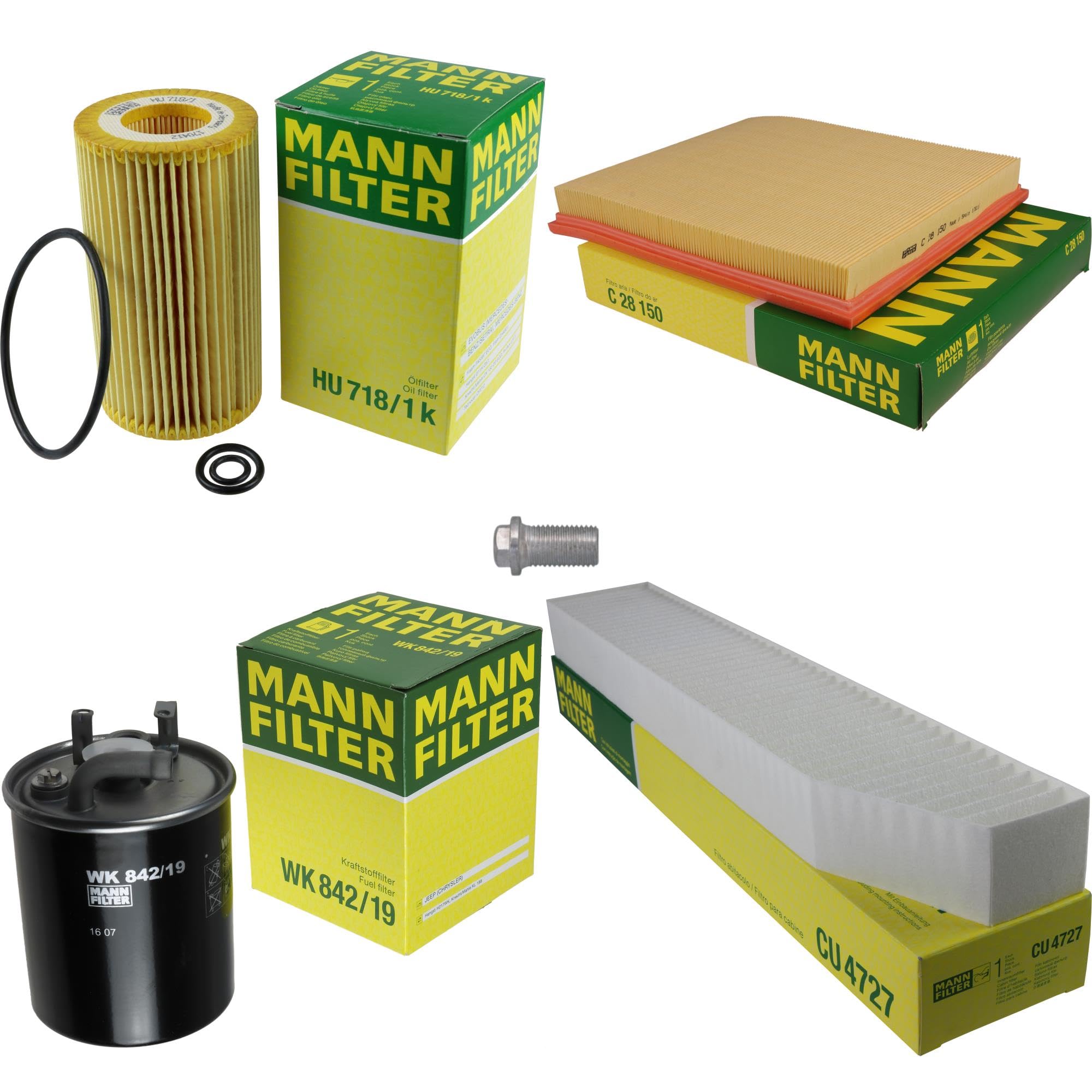Paquete de inspección Kit de mantenimiento de filtros con filtro de aceite HU 718/1 k, filtro de aire C 28 150, filtro de combustible WK 842/19, filtro de habitáculo CU 4727, tornillo de