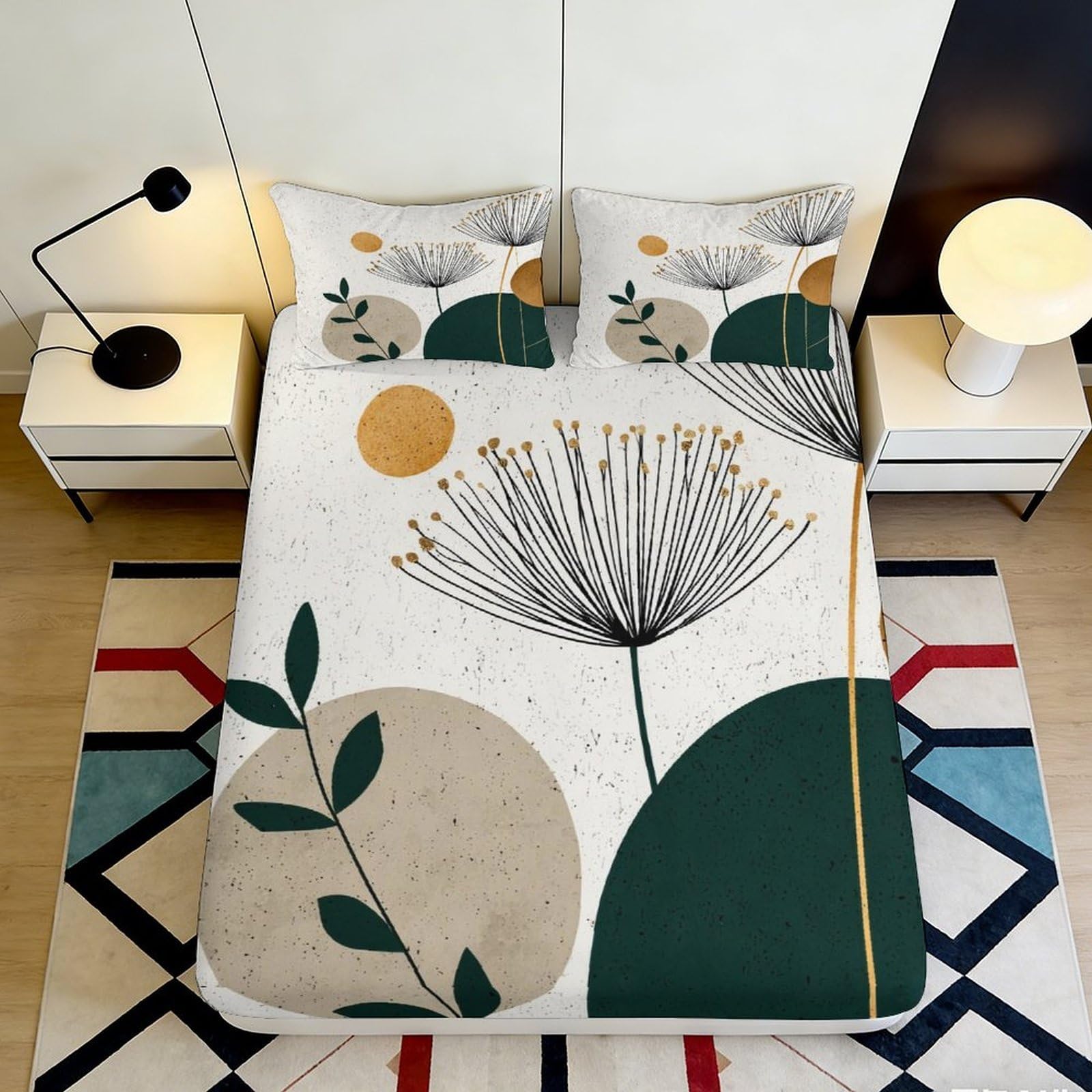 3D Printed Abstract Botanical Fitted Sheet Microfiber Soft Modern Geometric Mattress Cover for Bedroom Guest Room Decor 90x200x25cm