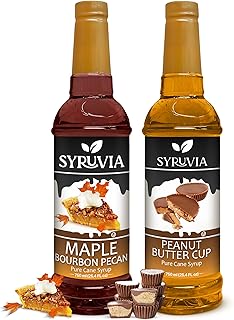 Syruvia Peanut Butter Cup & Maple Bourbon Pecan Coffee Syrup - 25.4 fl oz Premium Coffee Flavoring Syrup. No Coloring, Kosher, and Gluten-Free. Perfect for Drinks, Sodas, Shakes, Desserts, & More.
