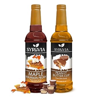 Syruvia Peanut Butter Cup & Maple Bourbon Pecan Coffee Syrup - 25.4 fl oz Premium Coffee Flavoring Syrup. No Coloring, Kosher, and Gluten-Free. Perfect for Drinks, Sodas, Shakes, Desserts, More.
