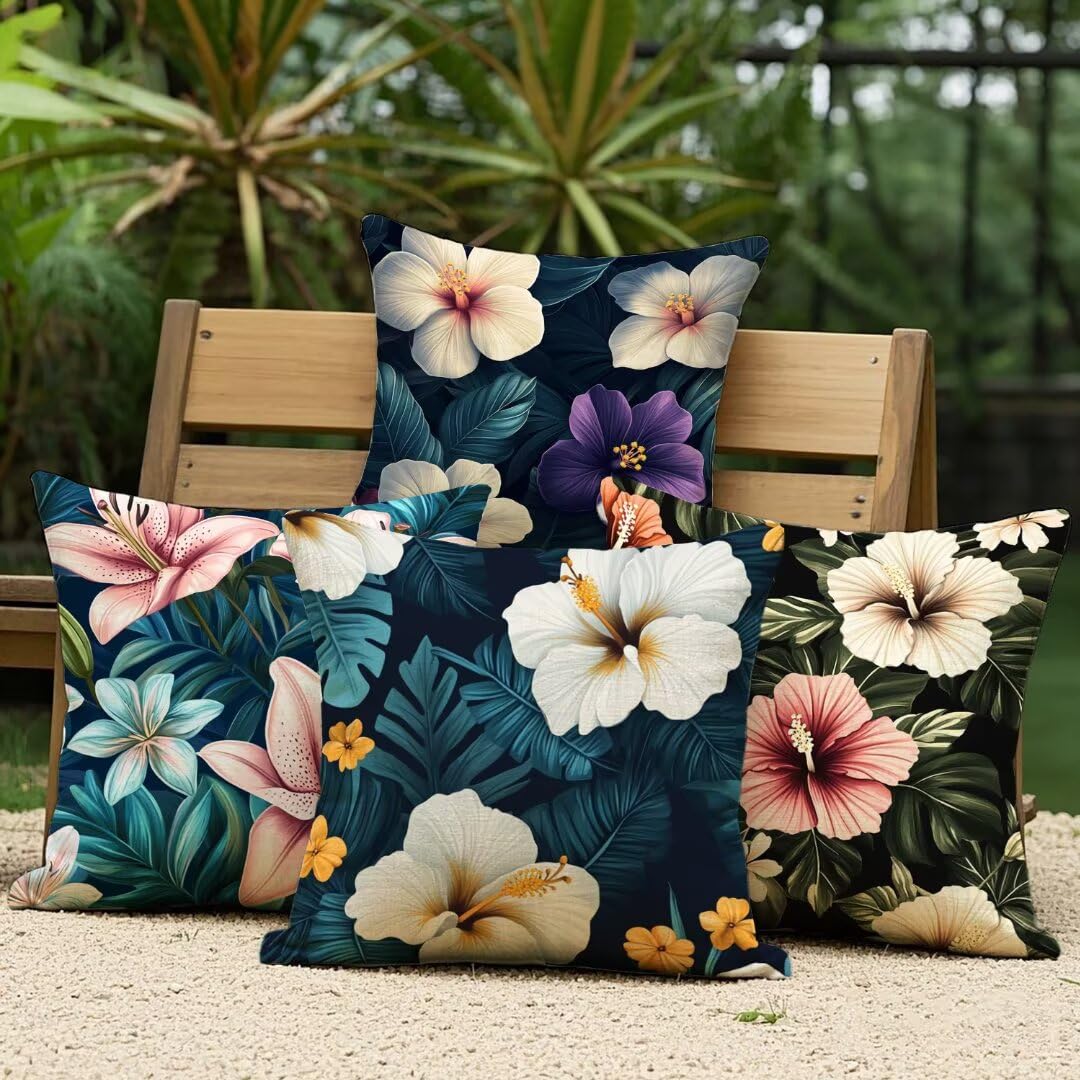 Kissenbezug 40x40 cm 4er Set Outdoor Kissen Sommer Gartenkissen Beidseitiger Druck Sofakissen Blume Dekokissen mit Reißverschluss, Wetterfest Leinen Kissenhülle für Garten Balkon Terrasse Deko Ym546