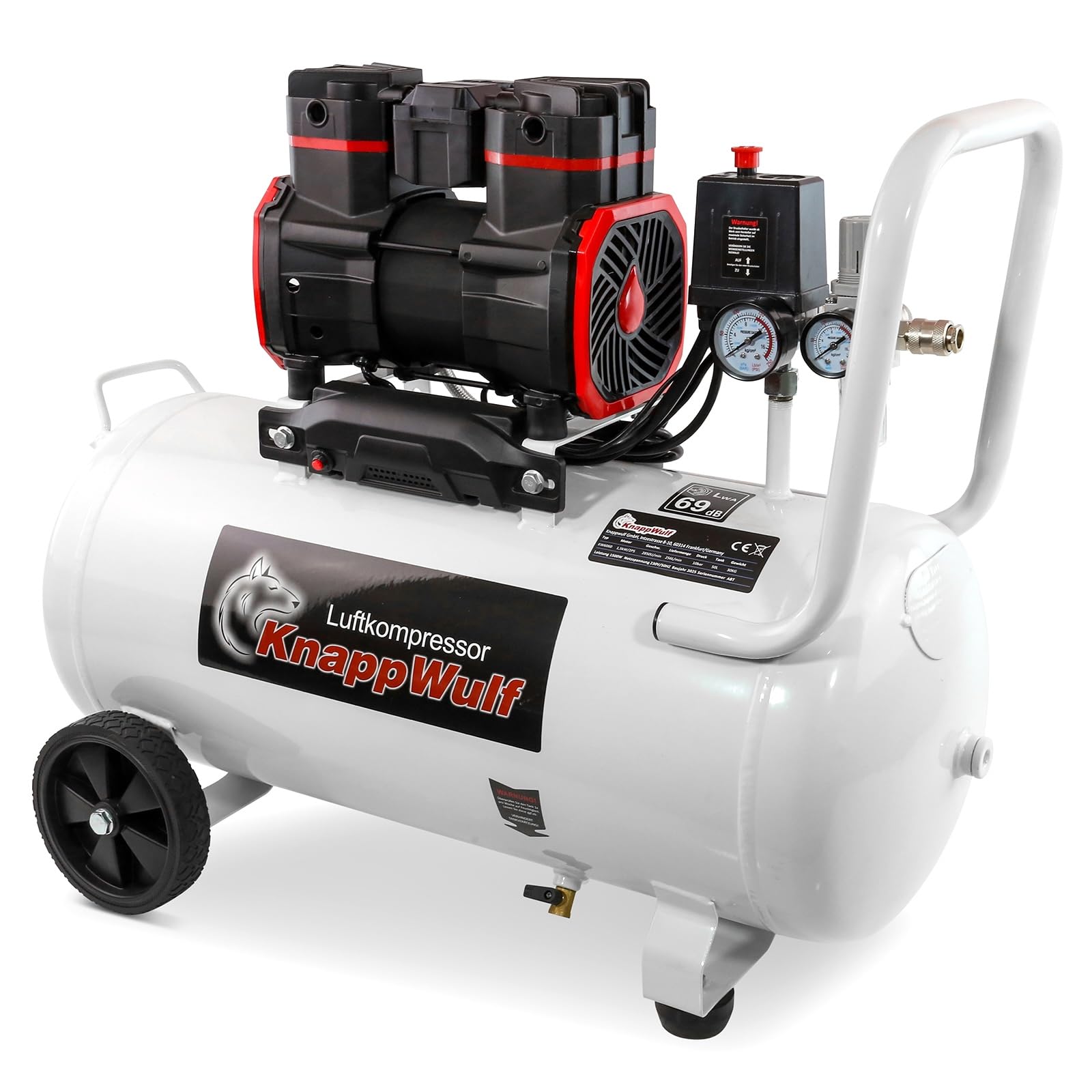 KnappWulf KW6060 Compresor Susurrador, Compresor de aire, Depósito de 50 litros, 1500 W, 69 dB, presión de trabajo de 10 bar, 256 l/min desplazamiento de aire, con separador de agua, silencioso, 230 V