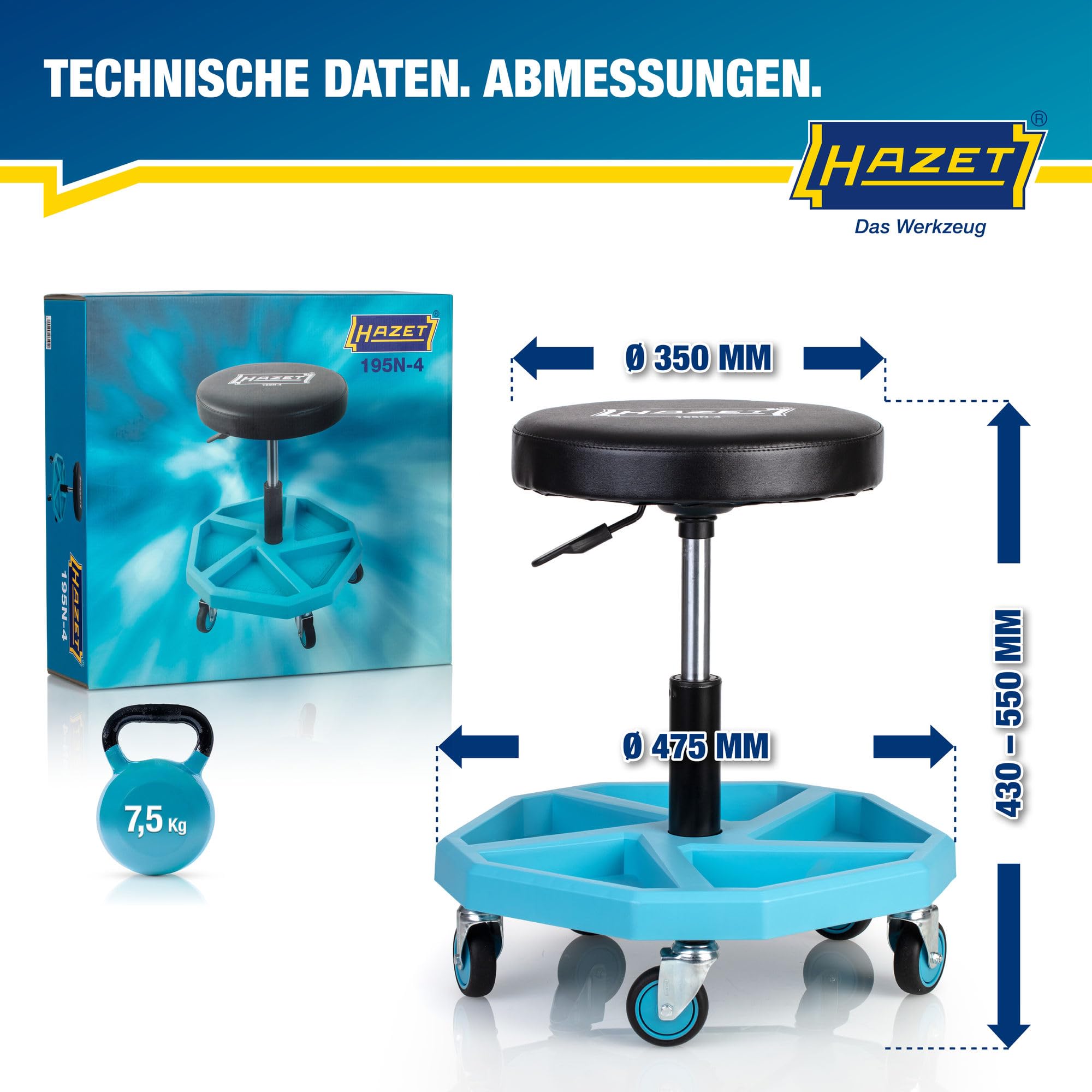 HAZET Arbeitssitz 195N-4, stabile Vierkant-Rohrrahmenkonstruktion, 5 Leichtlaufrollen 75 mm, höhenverstellbar 430-550 mm, belastbar bis 150 kg, großes Sitzkissen 350 mm