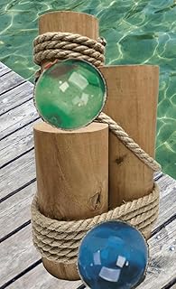 Set of 3 Nautical Wood Piling Decorations with Glass Fishing Floats – Real Wooden Pier Posts for Coastal, Marine, or Nautical Decor - Huge 5” Diameter Stumps for Beach Home Decor
