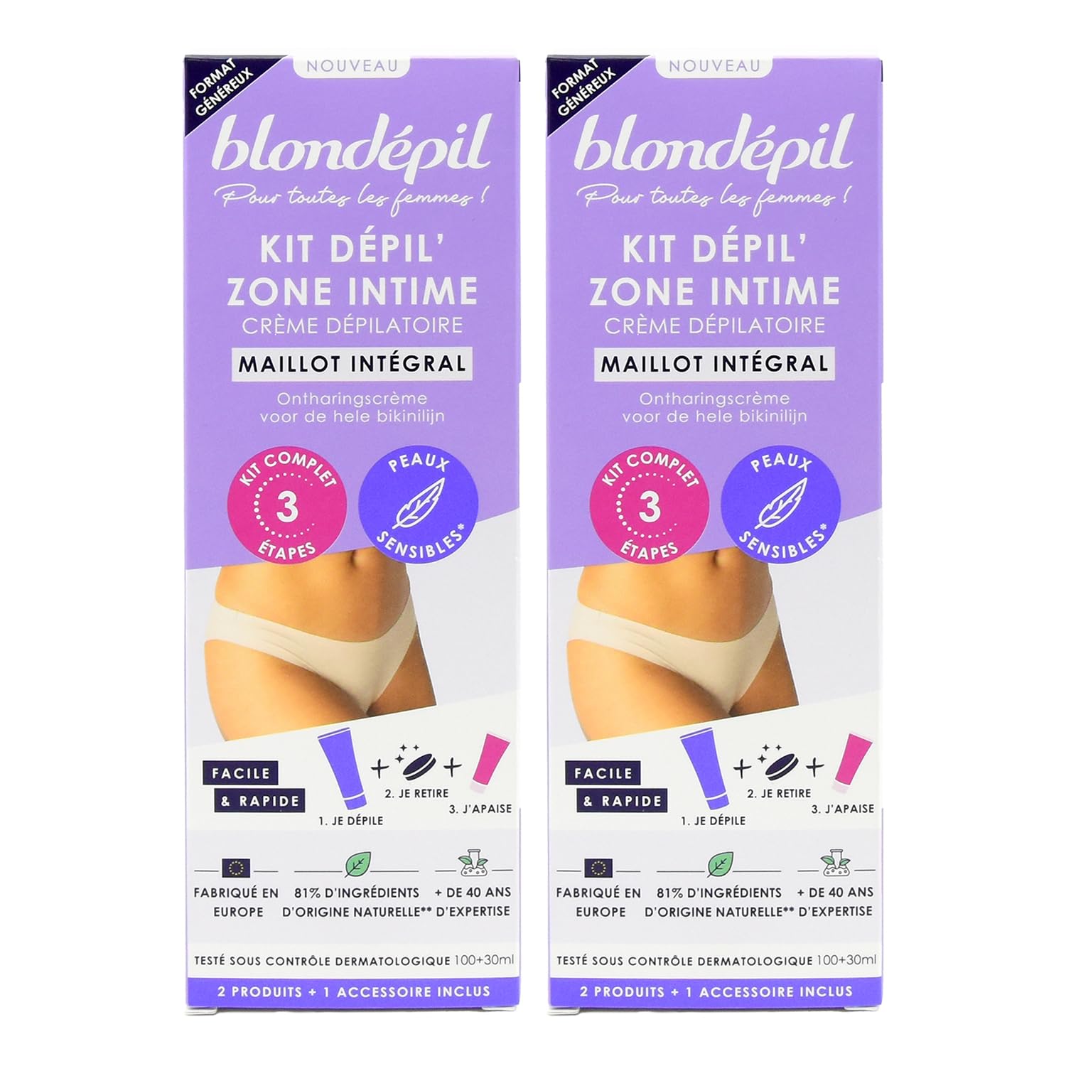 Blondépil - Lot de 2 Creme epilatoire femme partie intime. Creme depilatoire femme zones intimes. Peaux sensibles. 81% d’ingrédients d’origine naturelle. Made in Europe. 2x 25ml