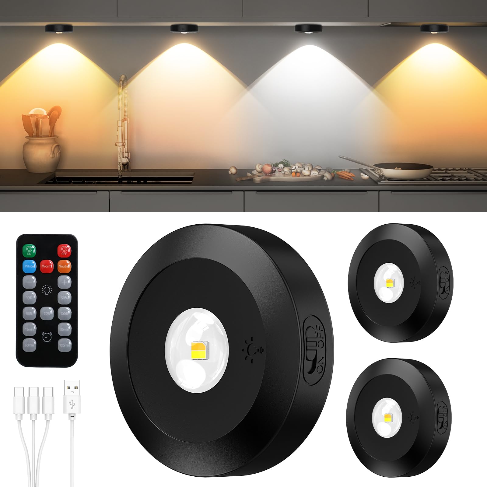 JVURICE Vitrinenbeleuchtung LED Spot 2400mAh Akku Kabellos Dimmbar Schrankbeleuchtung Regal Beleuchtung 3 Farbtemperaturen Timing Magnetische Batterie Led Für Vitrinenbeleuchtung Mit Fernbedienung