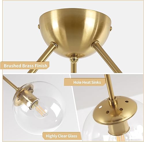 Miniatura 5 de Lámpara de techo semiempotrada moderna de mediados de siglo, 3 luces de cristal transparente, lámpara de techo moderna de globo dorado de latón