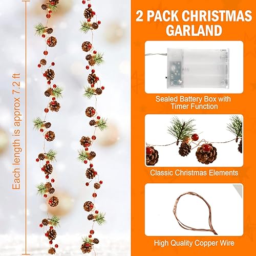 Miniatura 2 de Rocinha Paquete de 2 guirnaldas de Navidad con luces  7.2 pies 20 luces LED de pino rojo bayas, funciona con pilas para chimenea, decoración de