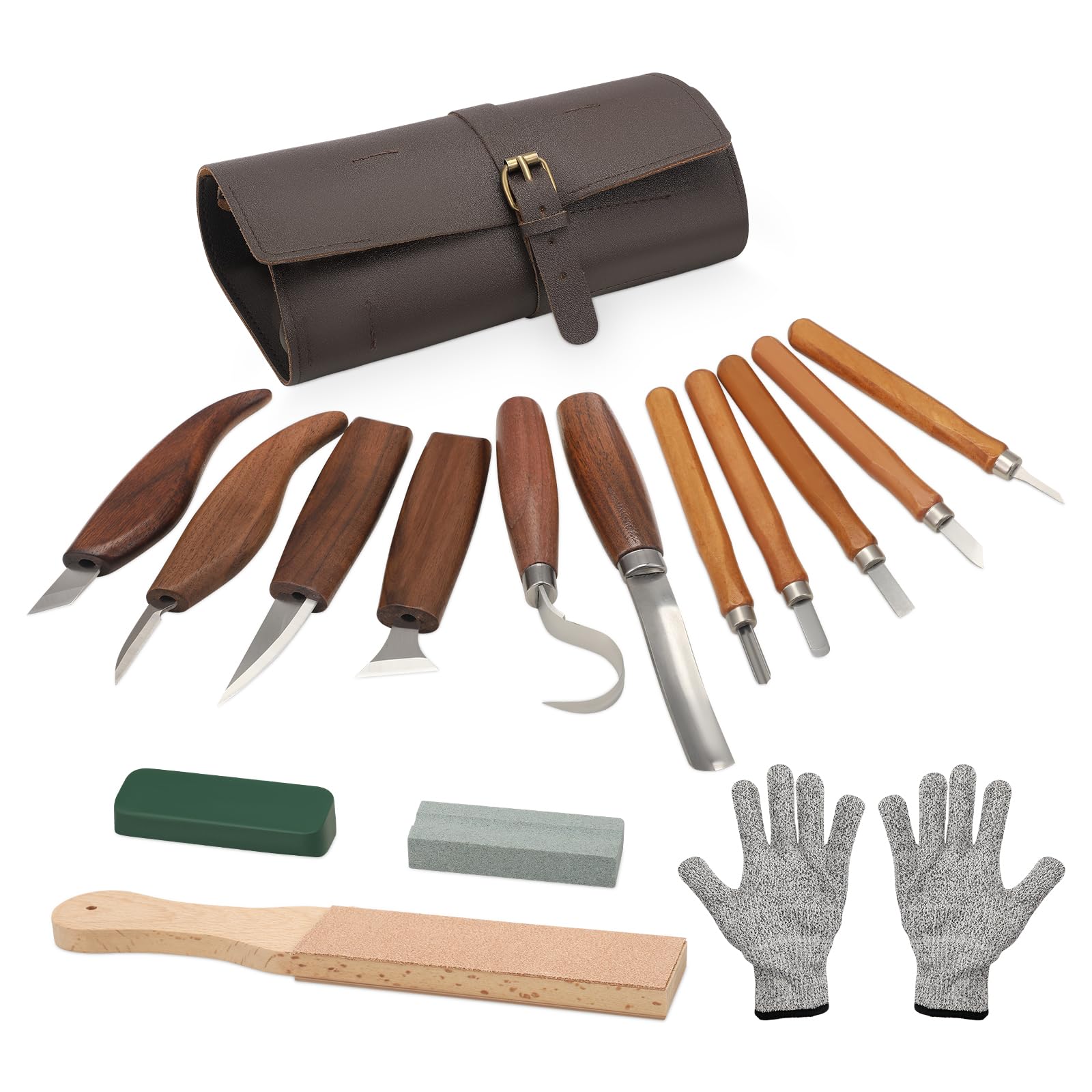 Juego de 16 herramientas para tallar madera, incluye 11 cuchillos, bolsa de cuero, piedra de afilar y guantes
