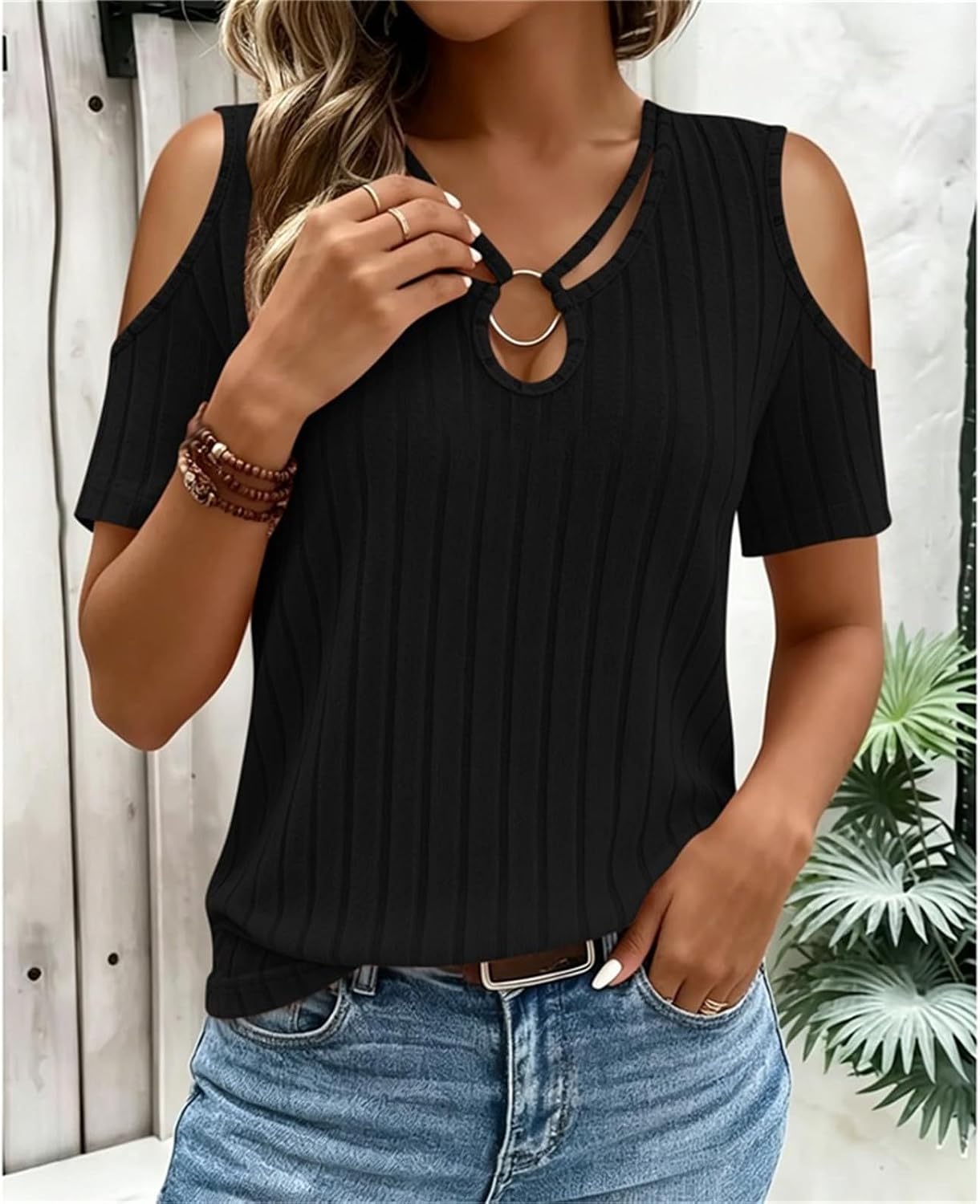 Womens Blouses Ribbed Knit Tops Cutout Short Sleeve | Womens Blouses Ribbed Knit Tops Cutout Short Sleeve Shirts Dressy Casual Summer Vacation Fashion Clothing