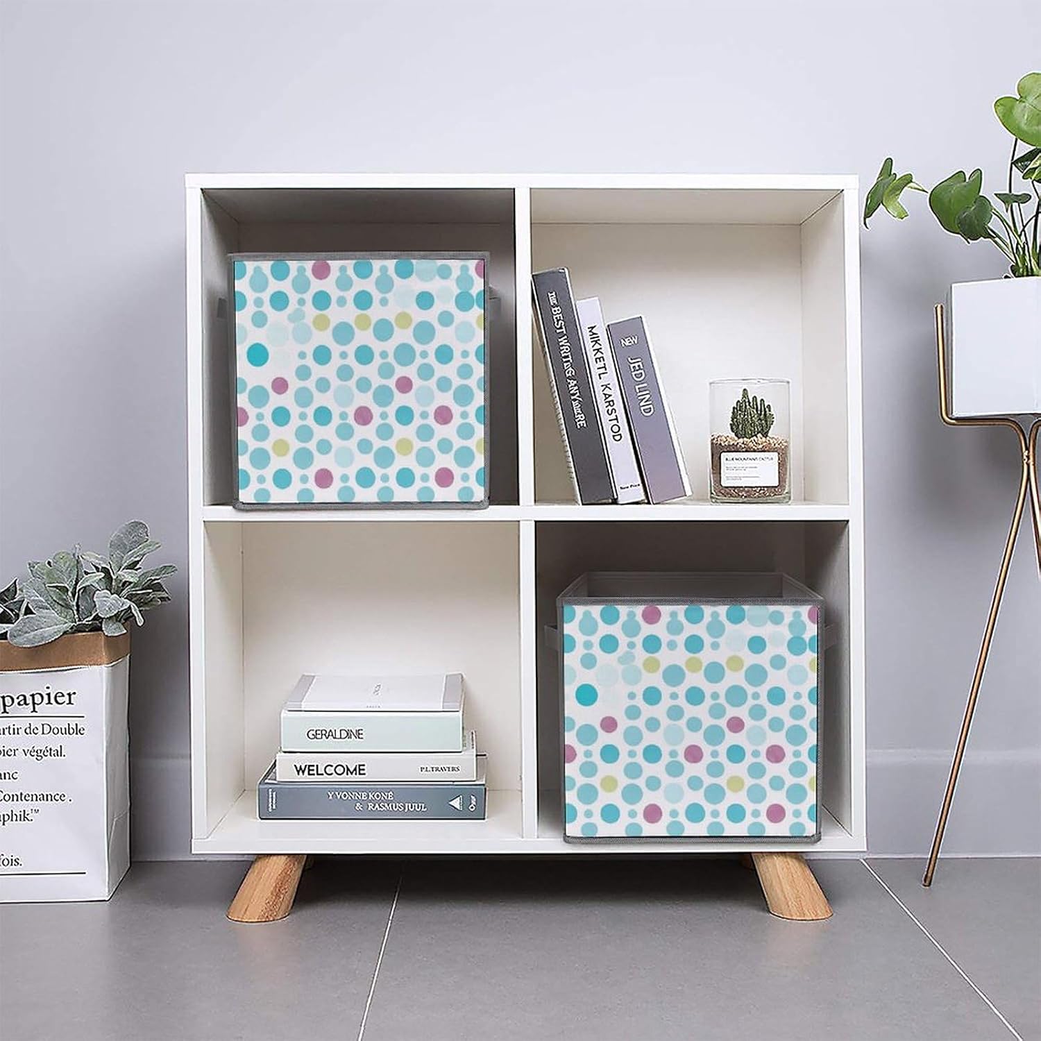 Blue Polka Dot Pattern Foldable Storage Box with Handles, Durable Oxford Storage Cubes, 6PCS Collapsible Closet Organizer for Home, Shelf, Office, Travel
