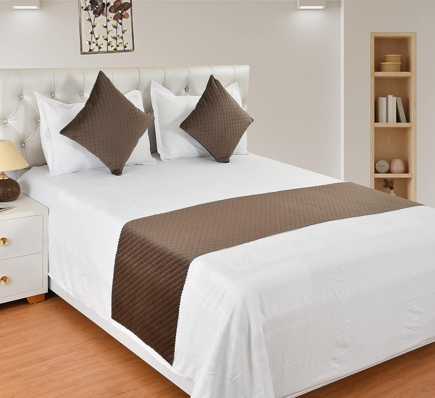 Premium Velvet Quilted Bed Runner Set with 2 Cushion Covers (Brown)-image-24