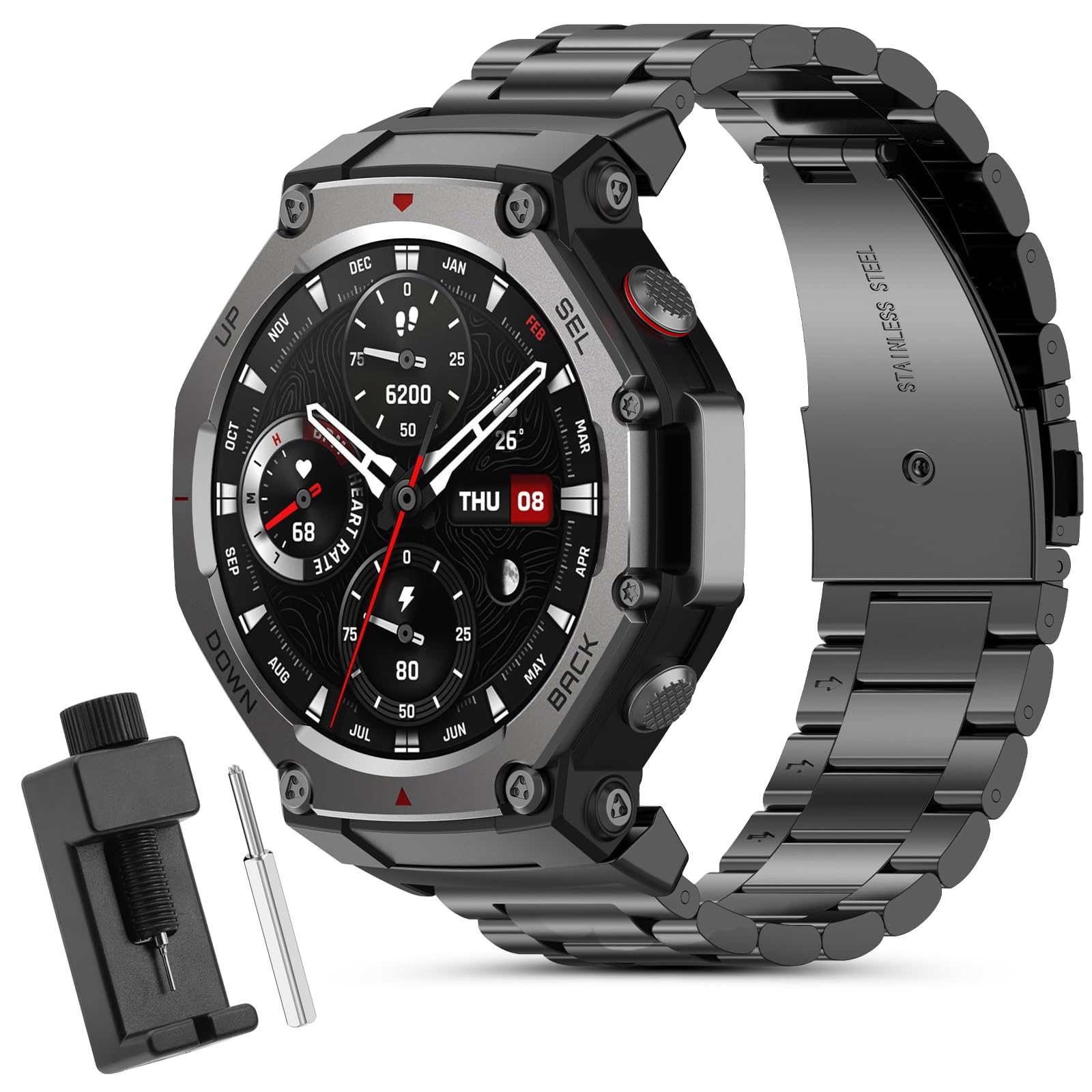 Correa Compatible con Amazfit T-Rex 3, Ajustable Metal Pulsera de Repuesto de Acero Inoxidable para Smartwatch.(No host)