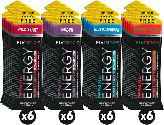 NewTrition Extra Strength Energy Shot 250mg Caffeinated Energy Shot | B-Vitamins & Amino Acids | Long Lasting | Sugar Free | 2-FL OZ | 24-Count