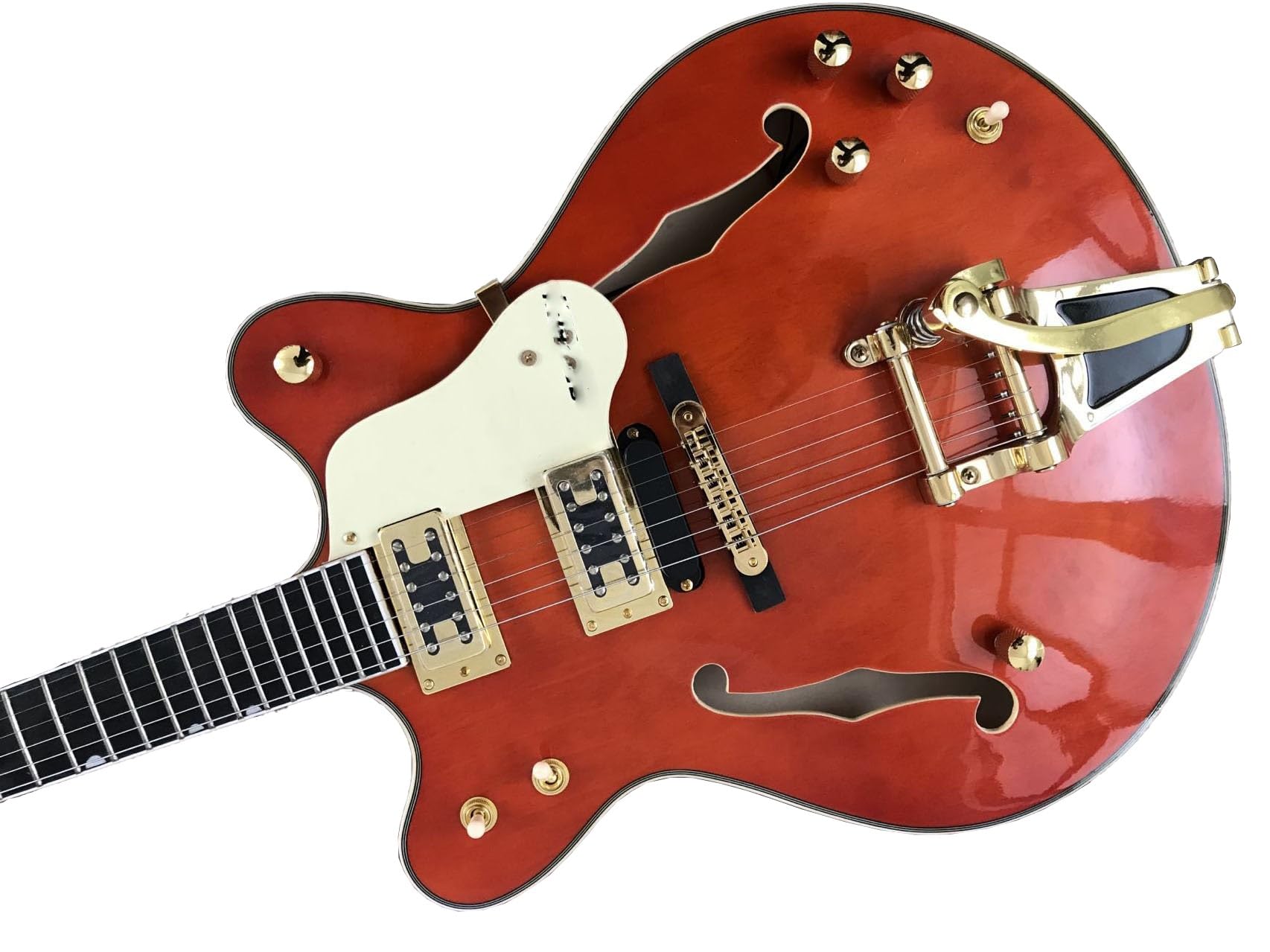 Guitarra eléctrica Jazz personalizada, cuerpo semihueco, herrajes dorados, trémolo, color naranja