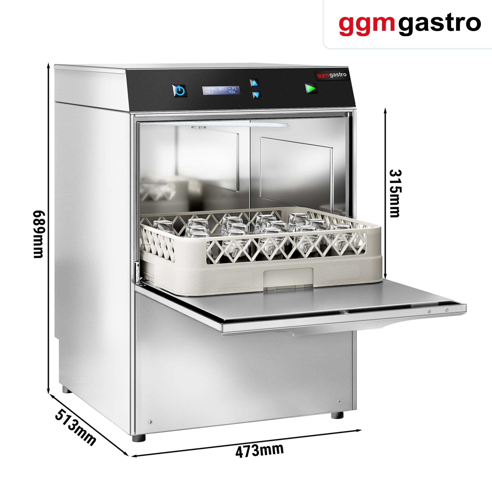 GGM Gastro Gläserspülmaschine 2,97 kW 400x400 mm | Doppelwandige Isolierung, digitale Steuerung, integrierter Wasserentkalker, effizientes Doppelfiltersystem, hohe Kapazität