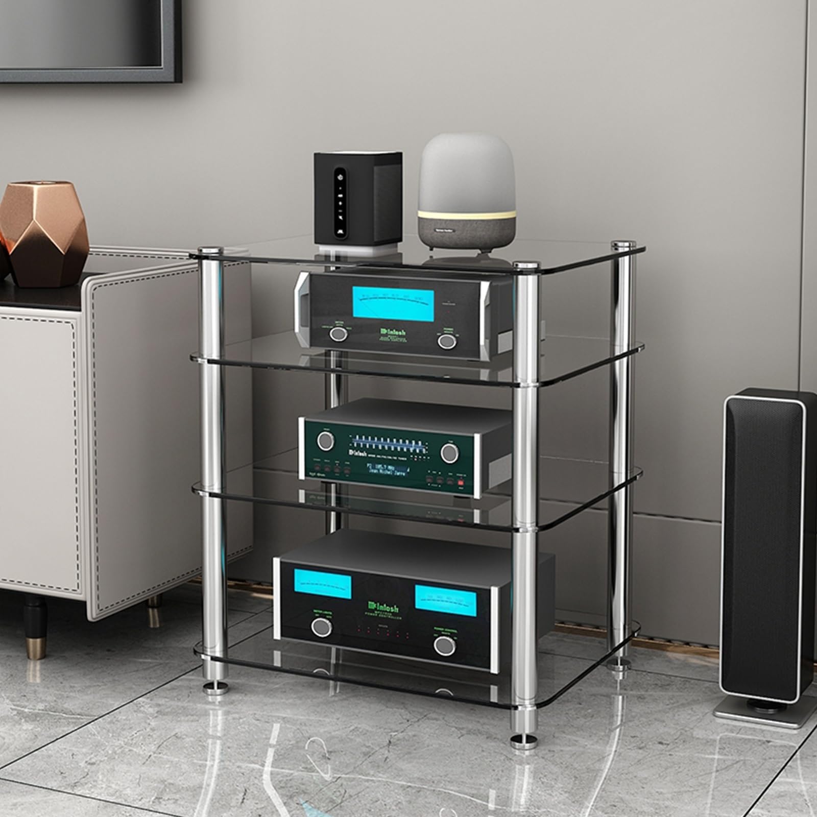 Supporto multimediale AV in vetro temperato a 4 livelli per audio-video stereo console per Home Theater Design moderno trasparente a 4 strati Soluzione di archiviazione durevole ed elegante