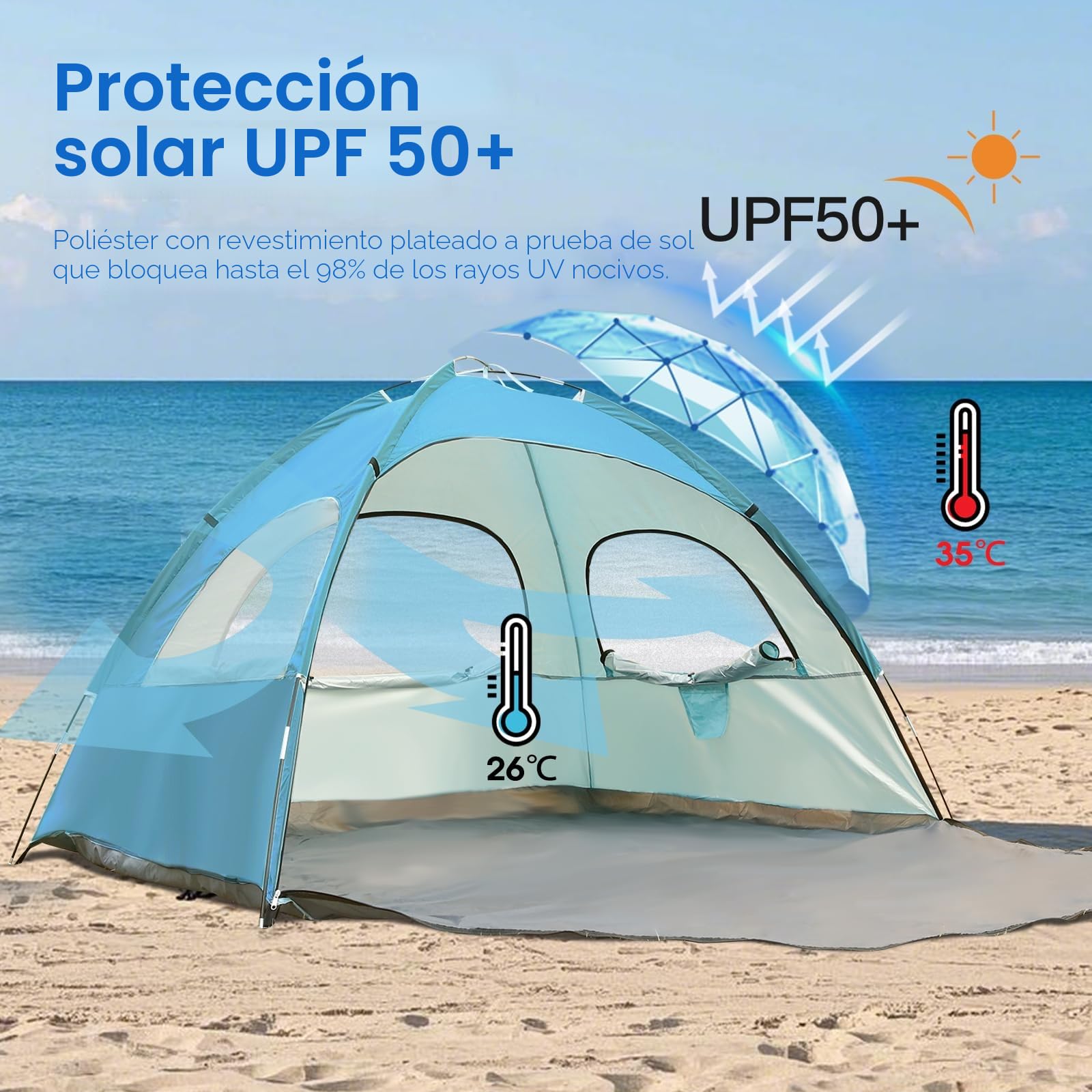 JAICOM Tienda de campaña playa 2-3 personas UPF 50+ UV ligera montaje rápido 3 ventanas ventiladas familia
