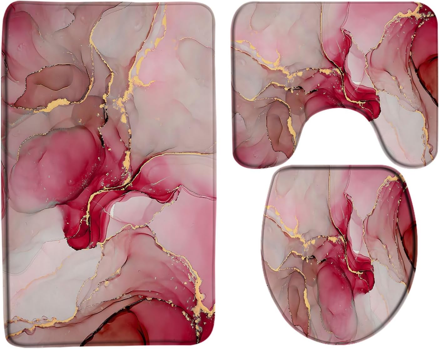 3 Piece Purple Pink Marble Bath Mat Set Modern Abstract Purple Pink Marble Texture Gold Stripes Elegant Luxury Bathroom Rug Sets,16"x24"Bath Mat,Toilet Seat Cover,U-Shaped Toilet Rug