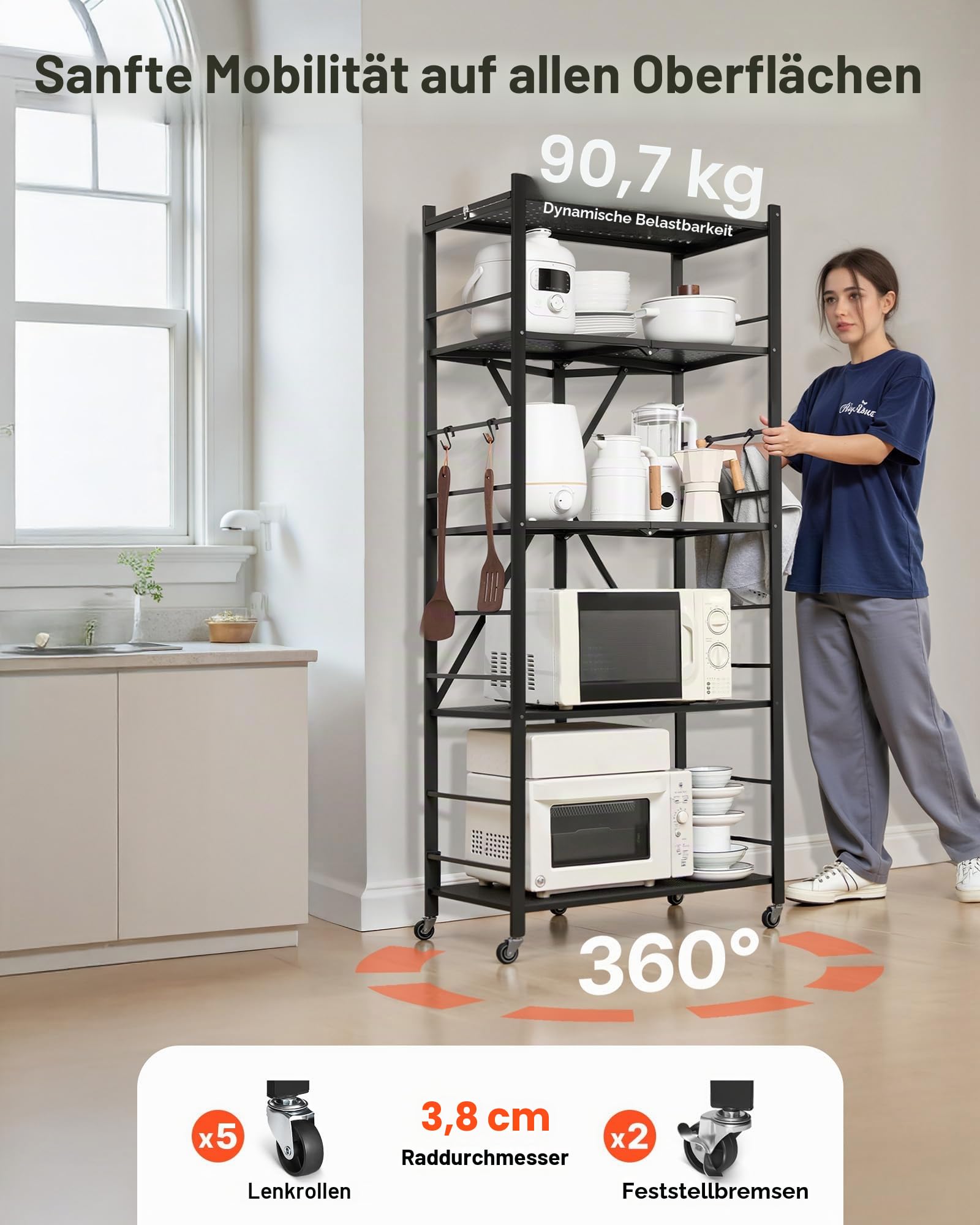 VEVOR 5 Etagen, Klappbare Regale mit Rädern, 38x71x163 cm, Faltbares Schwerlastregal, montagefreies Standregal, Haushaltsregal, Küchenregal, Metallregal für Garage, Küche, Keller, schwarz