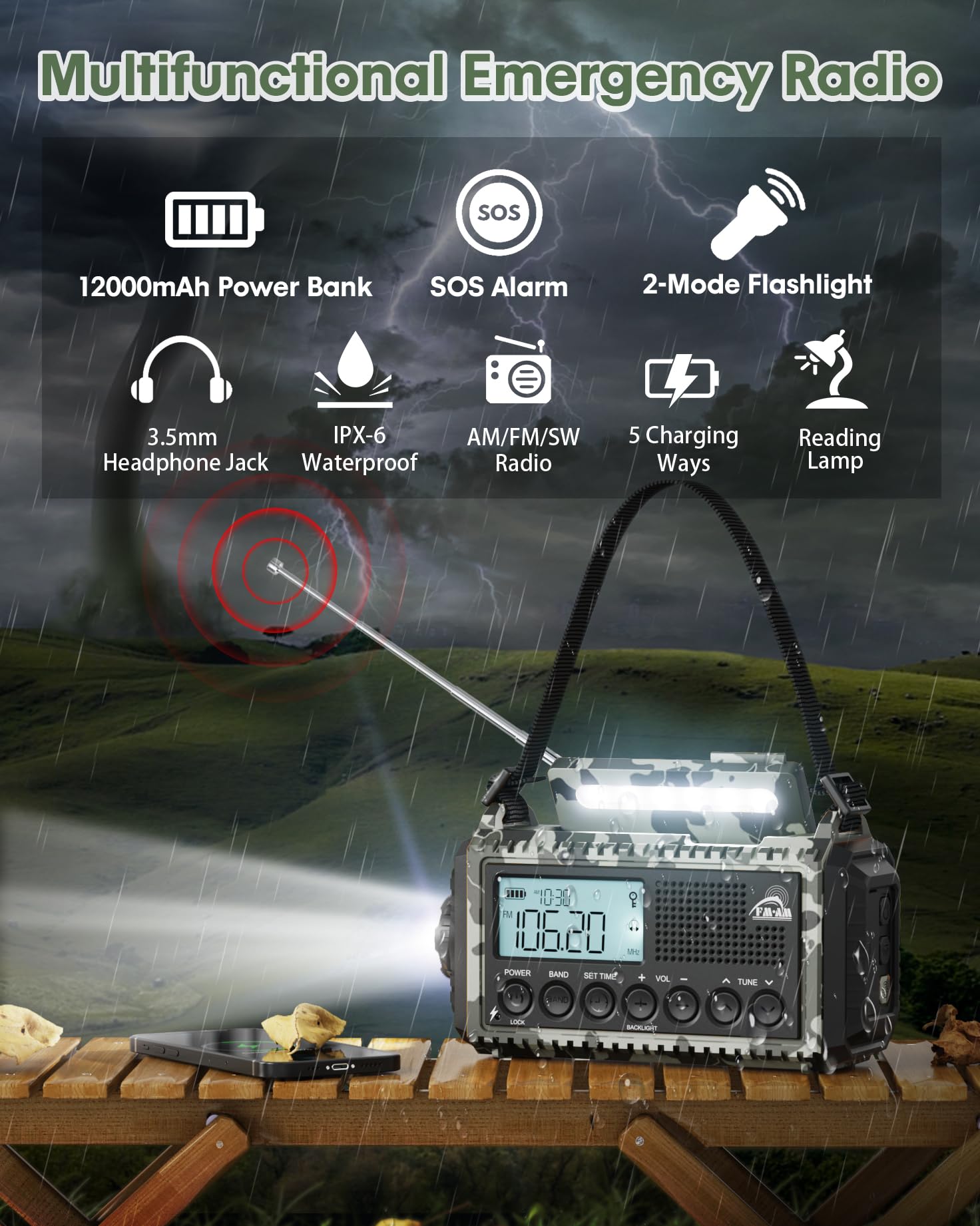 Radio de manivela, radio de emergencia con banco de energía de 12000 mAh, AM/FM/SW portátil, funciona con pilas, manivela de 5 vías con receptor mundial, como cargador de linterna, para exteriores,