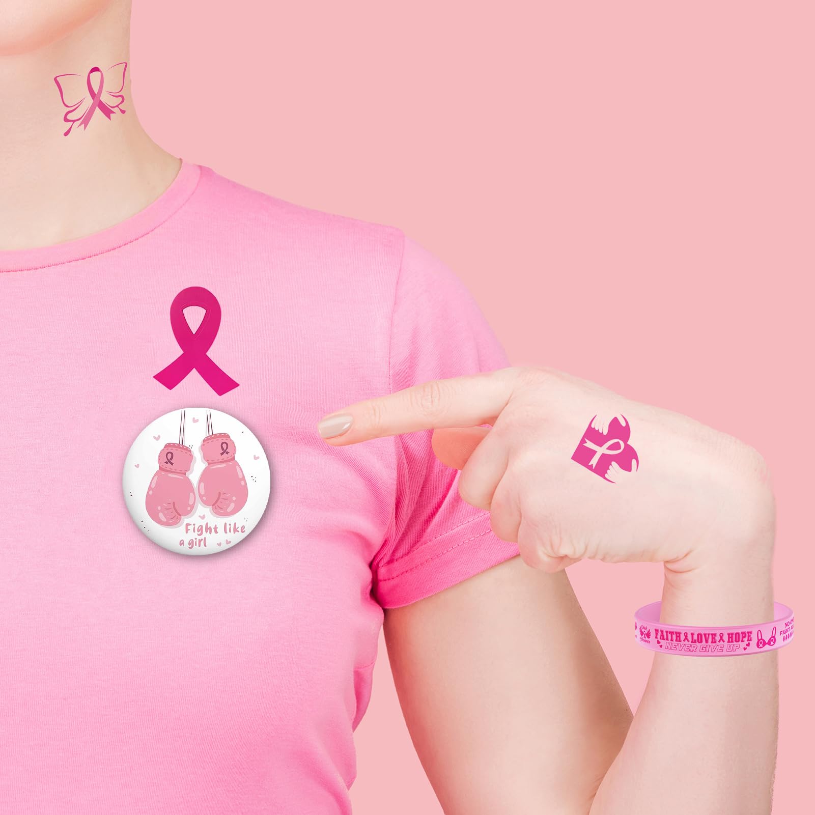 Breast Cancer Awareness Items Bulk, Breast Cancer Bracelets, Breast Cancer Pins Buttons, Pink Cancer Patients Survivor Gifts Temporary Tattoo Stickers for Women Female