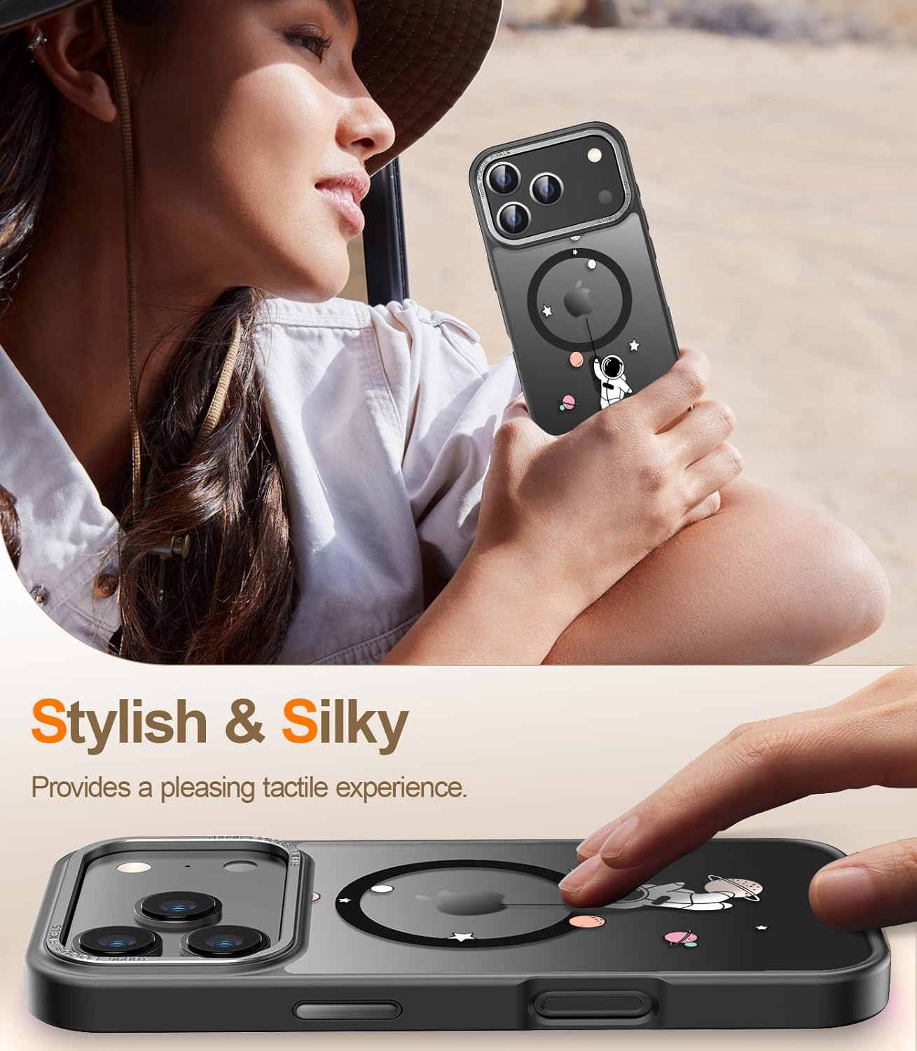 Goodon for iPhone 17 Pro Case with Privacy Screen Protector, Compatible with Magsafe, Shockproof Translucent Matte Cover - Cute Floral Design Phone Case for Women and Girls - Astronaut Spacewalk - Image 5