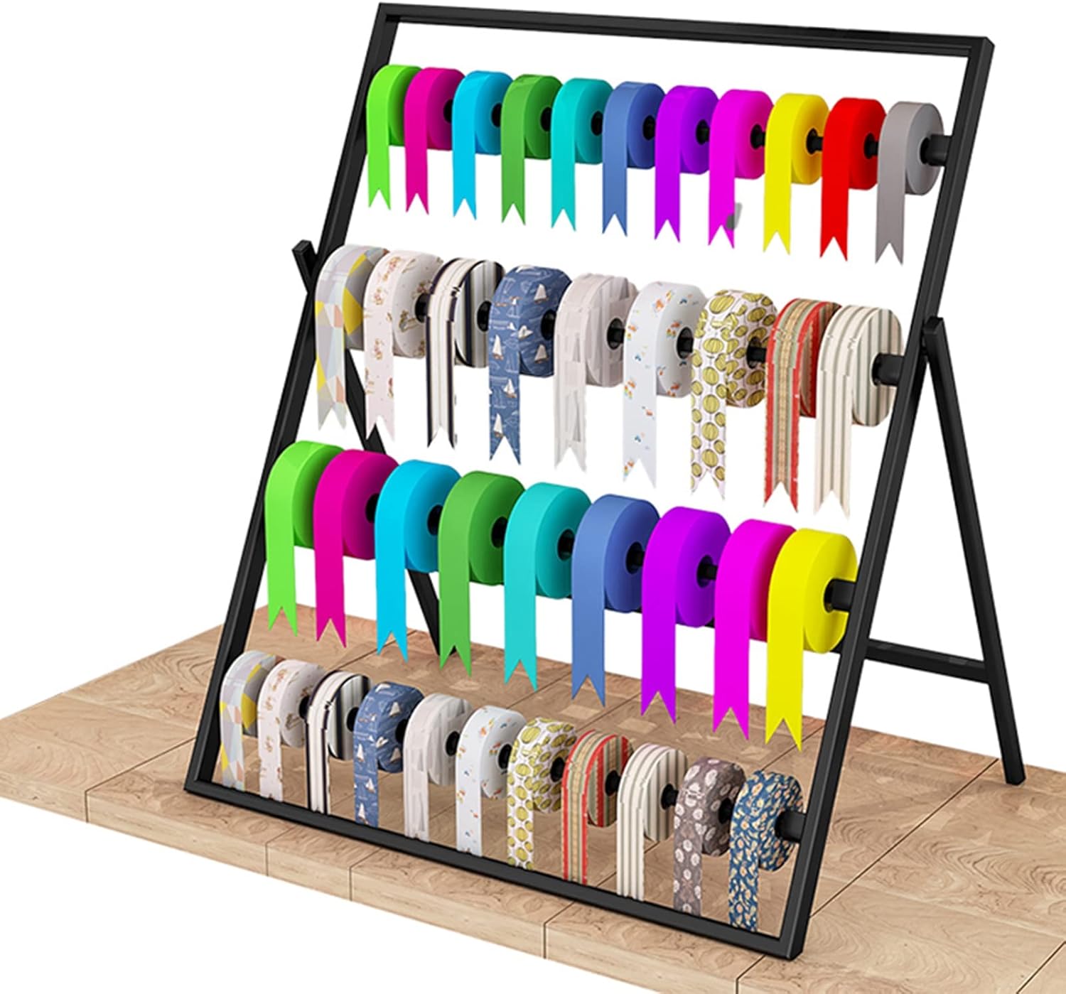 Gift Store/Craft Room Ribbon Organizers and Storage,Heavy Duty Desktop Multi-Purpose Display Stand Rack with Removable Rods,Multi-Layer Silk Scarf Holder,Black