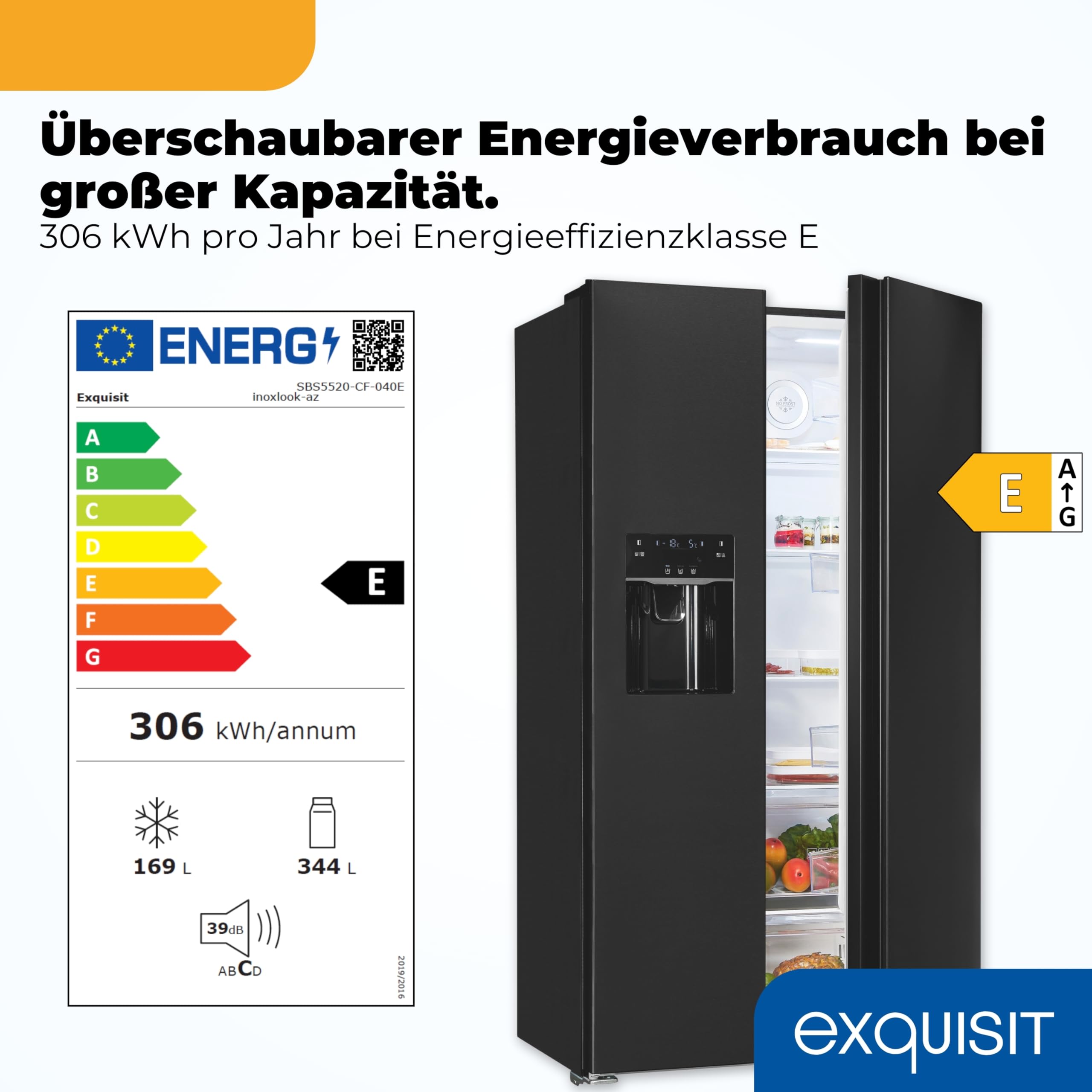 Exquisit Side-by-Side Kühlschrank 513 l, No Frost, Wasserspender | Ice-Maker, Energieklasse E, 39 dB, Inox-Look – 177,5 x 91,0 x 66,0 cm, wechselbarer Türanschlag