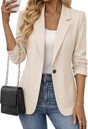 Mina Self 2026 Womens 3/4 Ruched Sleeve Blazer - Lightweight Breathable Lined Casual Work Office Jacket with Pockets