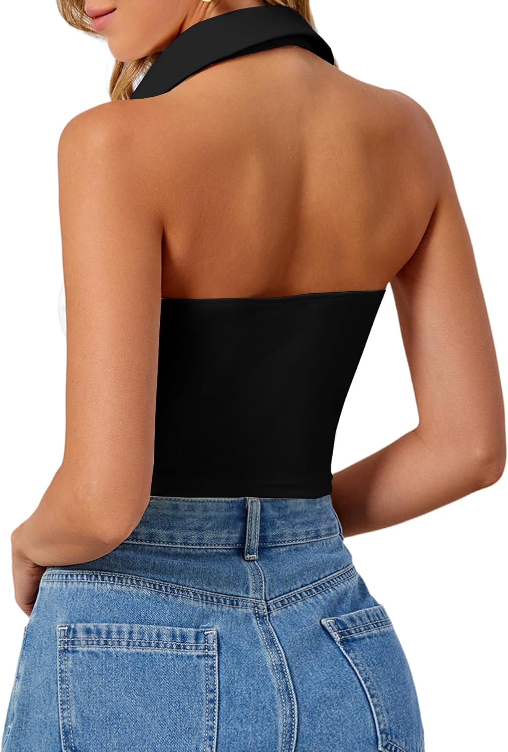 Remidoo Women's Halter Tank Tops Ribbed Knit Backless Sleeveless Shirt Collared Crop Top - Image 2