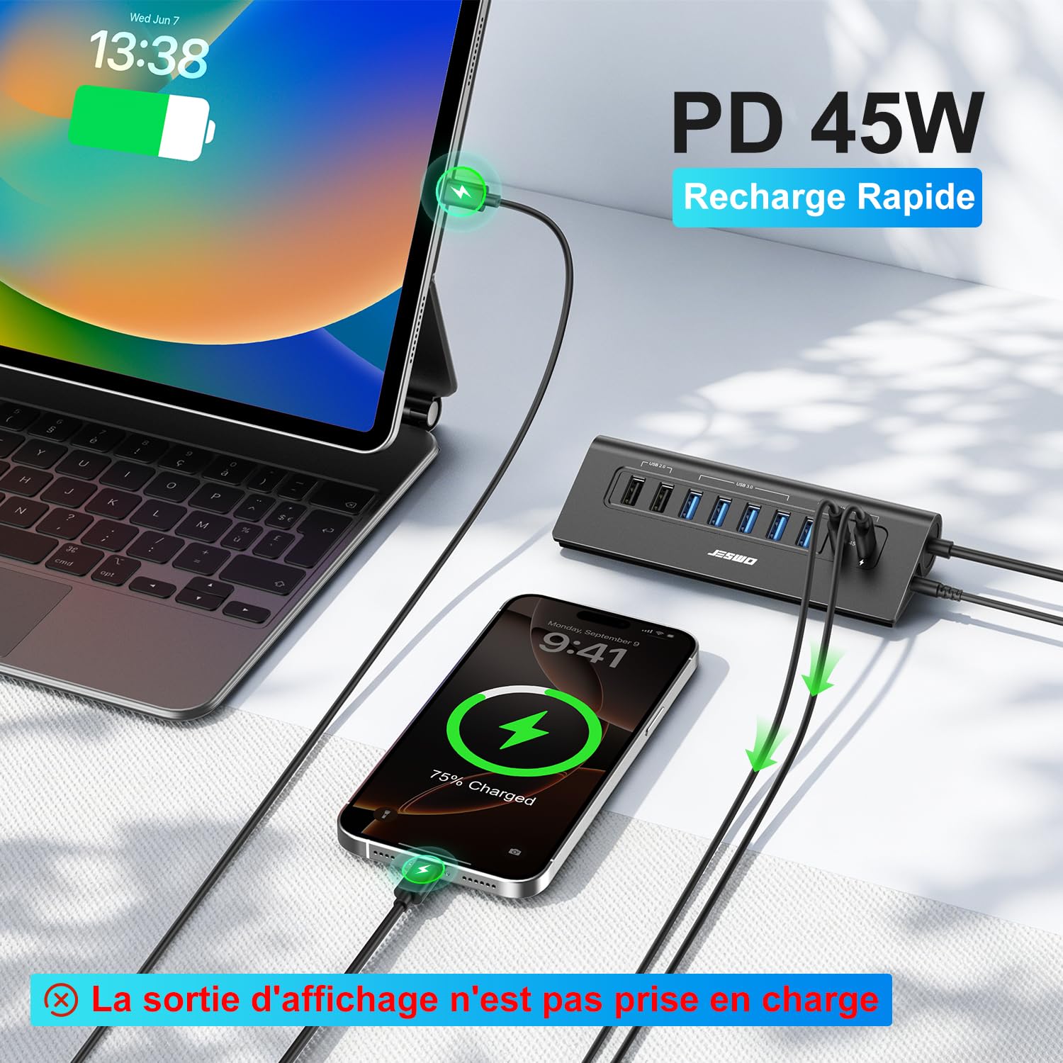 JESWO 65W Hub USB C Alimentato 9 Porte Alluminio Hub USB 3.2 10Gbps(USB A+C