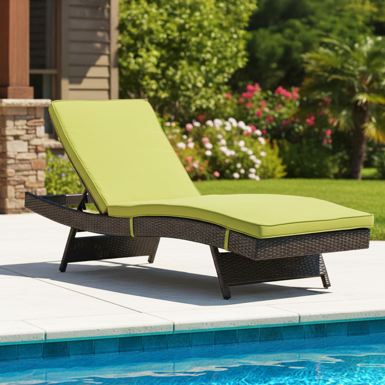 DEVOKO Outdoor Wicker Reclining Lounger with Adjustable Backrest All Weather Comfort Weatherproof Cushions & Durable Metal Frame for Poolside, Garden (Dark Brown & Green)
