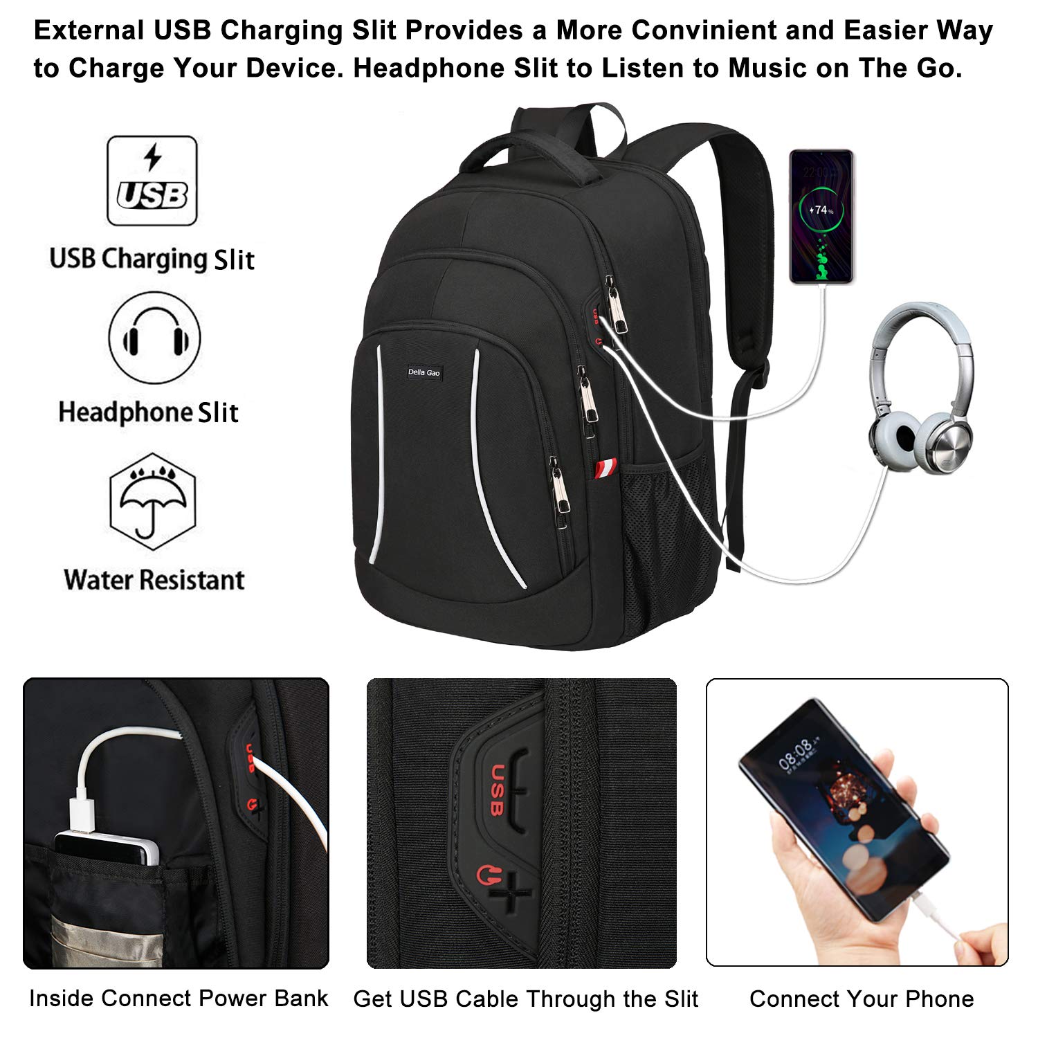 Della Gao Zaino da uomo da lavoro impermeabile zaino da scuola per donna con porta di ricarica USB per uomini donne scuola lavoro viaggio