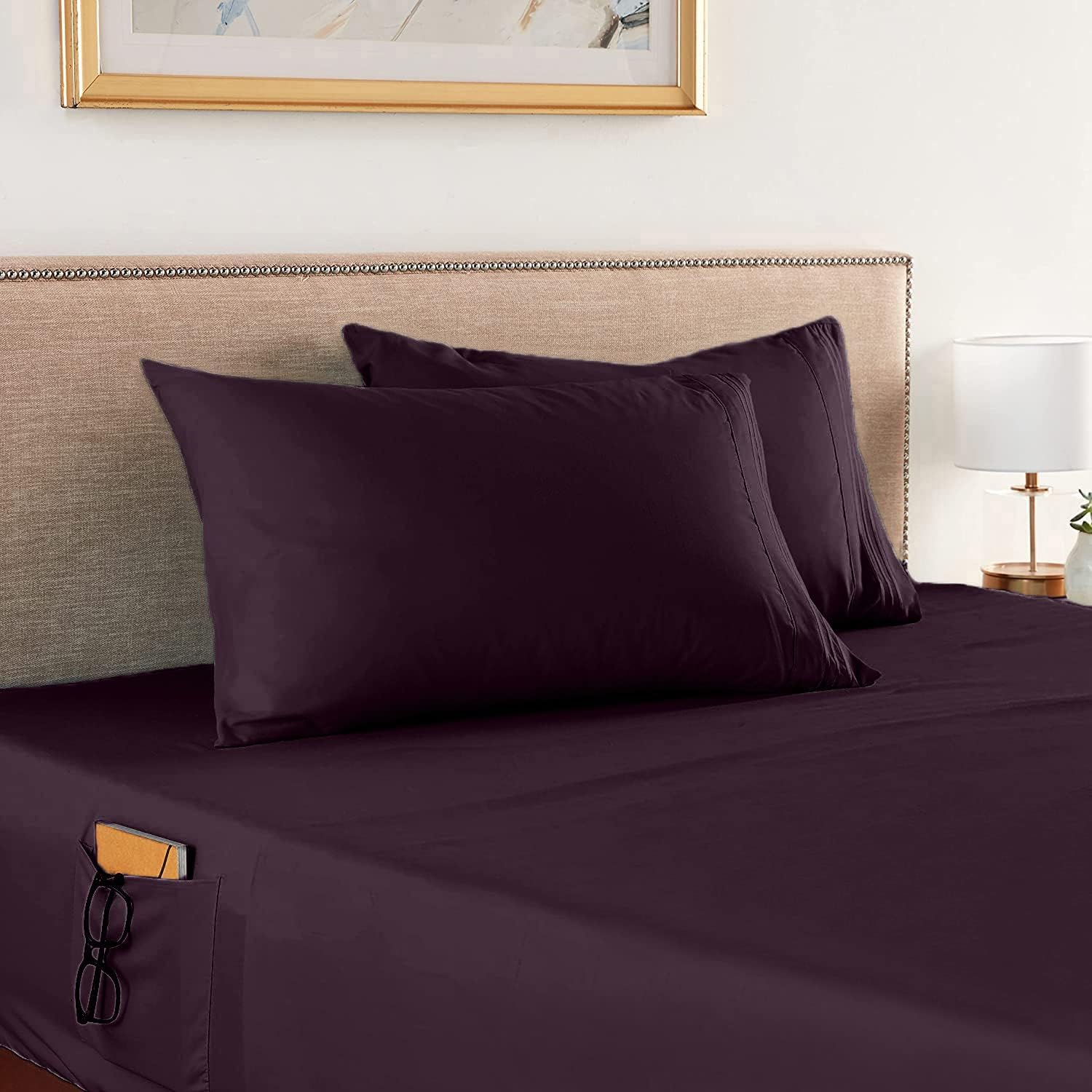 Elegant Comfort 4-Piece Solid Smart Sheet Set-Deep Pocket Fitted Sheet with Side Storage Pockets-Silky Soft 1500 Thread Count Egyptian Quality Microfiber, Wrinkle and Fade Resistant, Queen, Purple