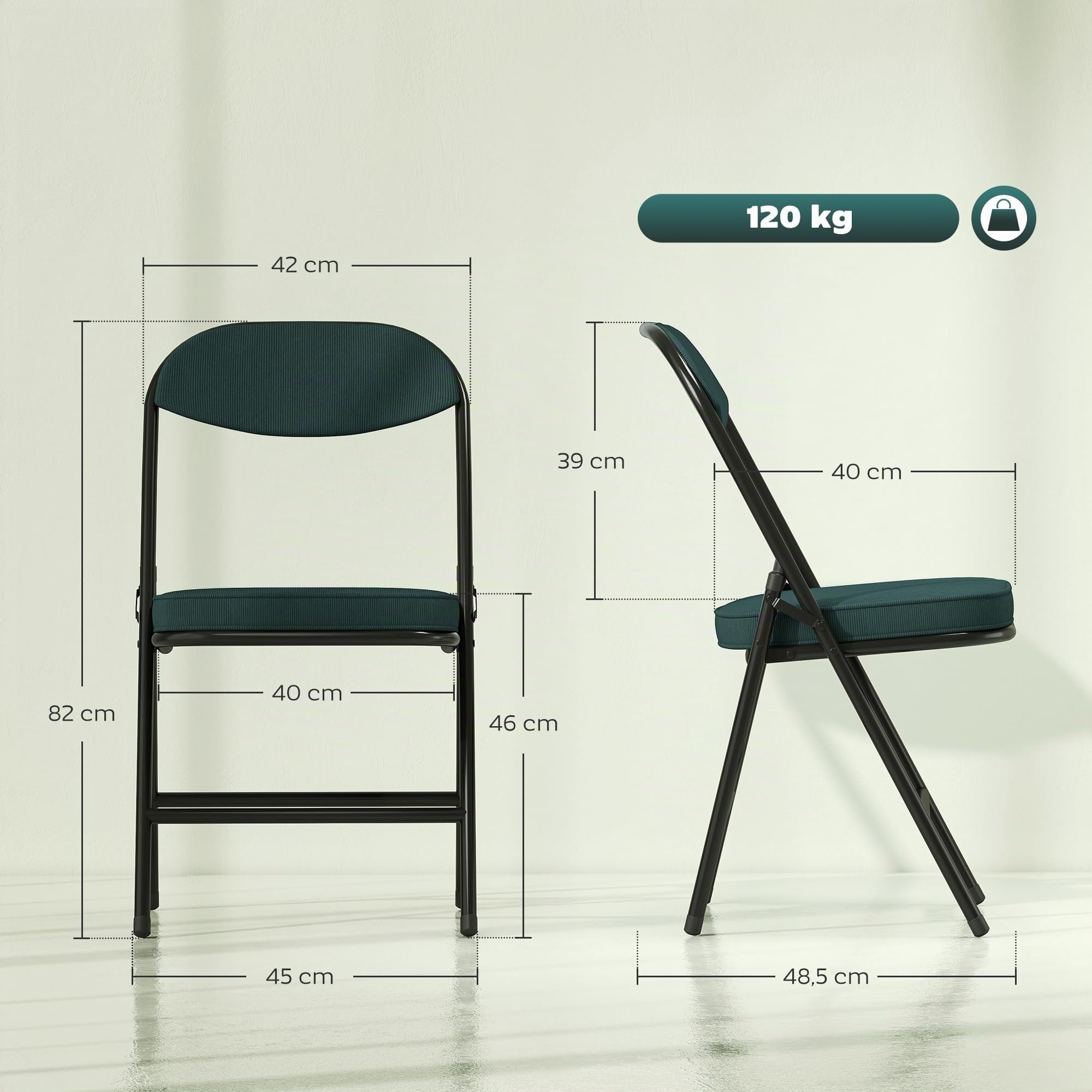 HOMCOM Lot de 4 Chaises Pliantes Portables Intérieur Charge 120 kg Bleu | Chaise Salle à Manger, Assises et Dossiers Rembourrées en Velours Côtelé, Cadre en Acier