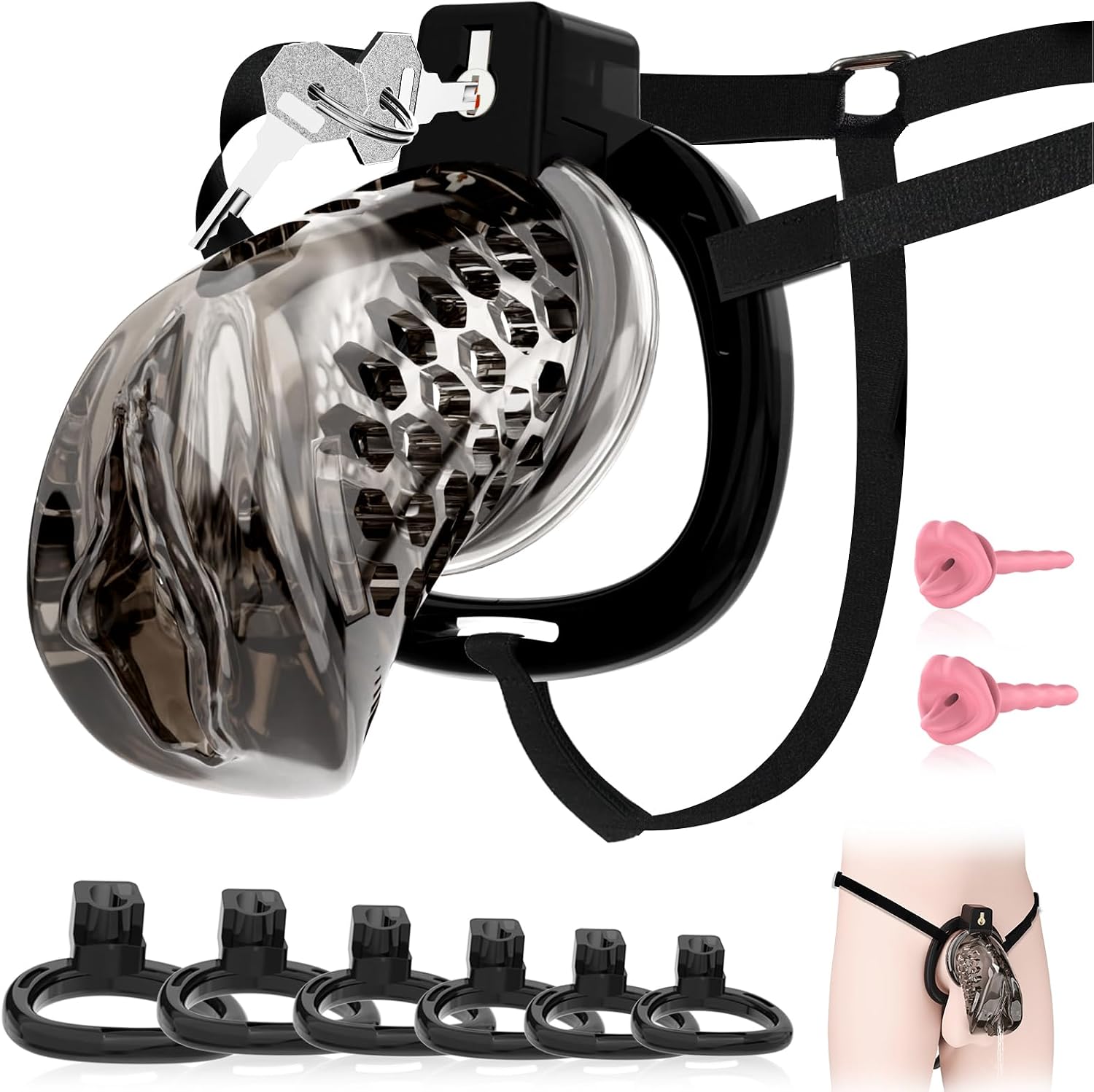 Realistic Male Chastity Cage–Soft, Lightweight Silicone with Life-Like Shape, 6 Size Rings & Black Strap, Comfortable Bondage Device with Invisible Lock, Sex Toy for Men[Black]