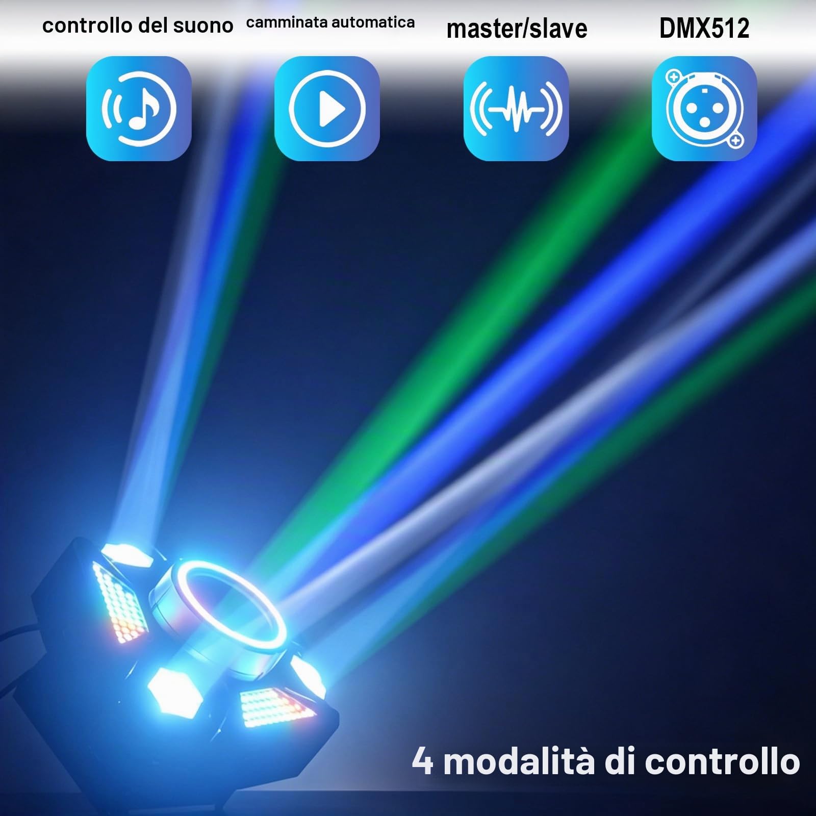 Luce da palcoscenico a LED Bee Eye a 3 bracci, 80 W RGBW, luce DJ con effetti multicolori, strobo DMX512 attivato dal suono per feste, club, bar, matrimoni e spettacoli da discoteca