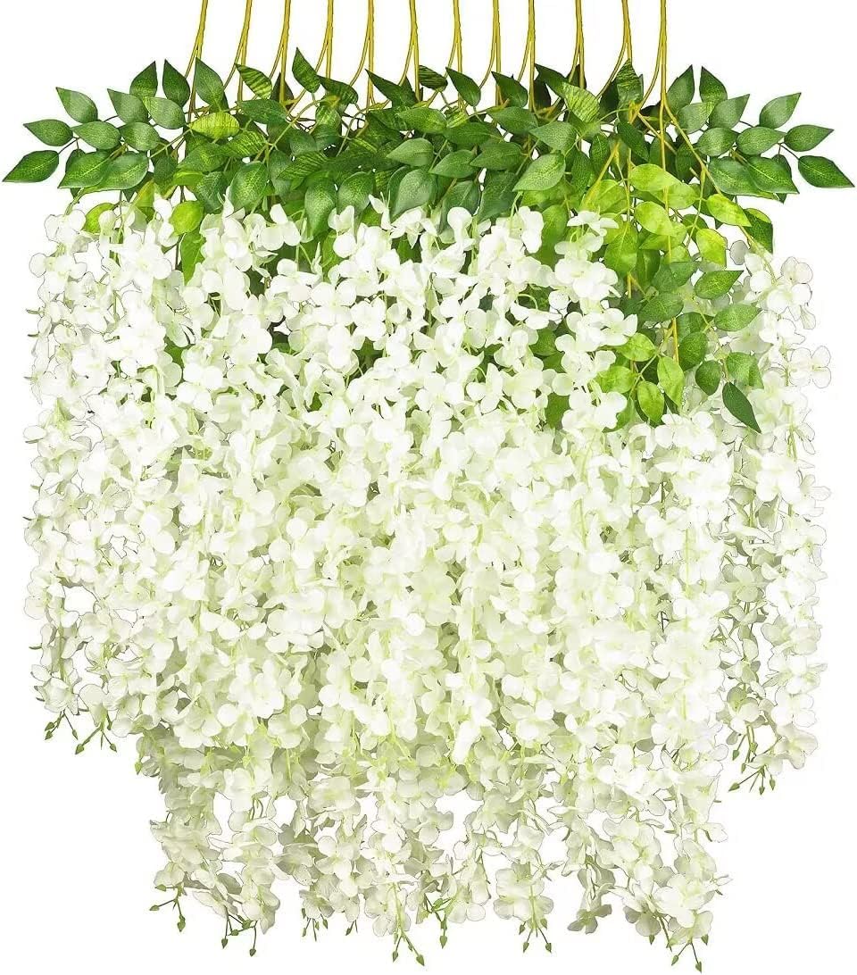 Tifuly White 12 Pcs Artificial Wisteria Vines, 3.6 Ft Fake Wisterias With 3 Branches, Long Wall Garland Silk Hanging Flower For Home Party Wedding Ceiling Decoration(12Pcs,Off-)