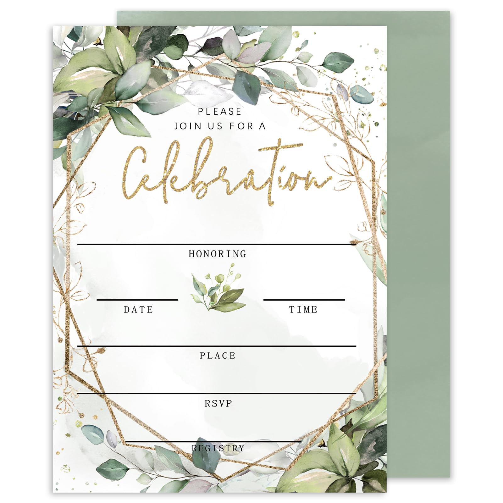 Whaline 25 Sets Greenery Invitations with Envelopes Stickers Watercolor Eucalyptus Leaves Invitation Cards Green Leaves Blank Invites for Wedding Bridal Baby Shower Birthday, 5 x 7 Inch