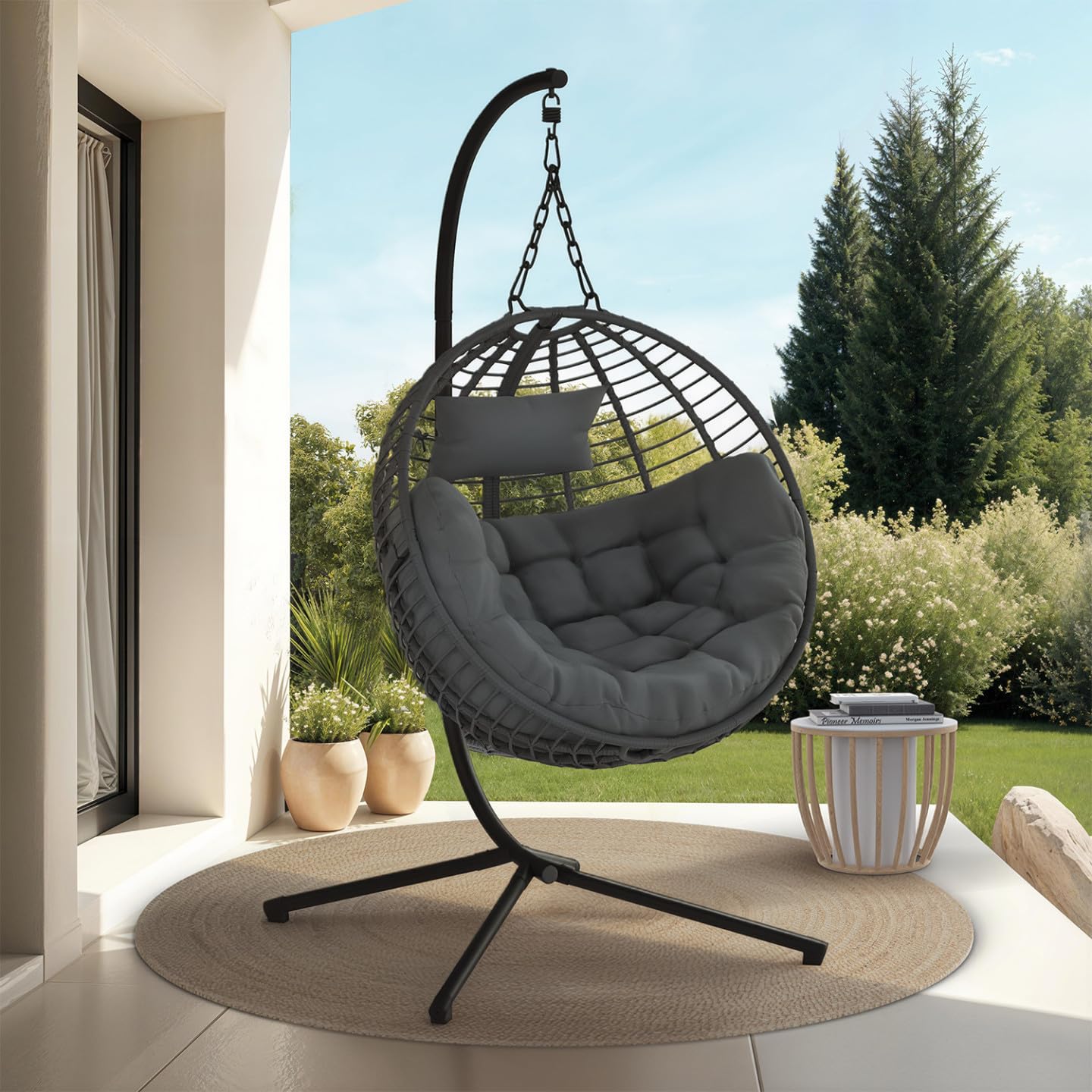 IDMarket - Fauteuil Rond Suspendu ajouré Effet rotin Gris avec Coussin Gris