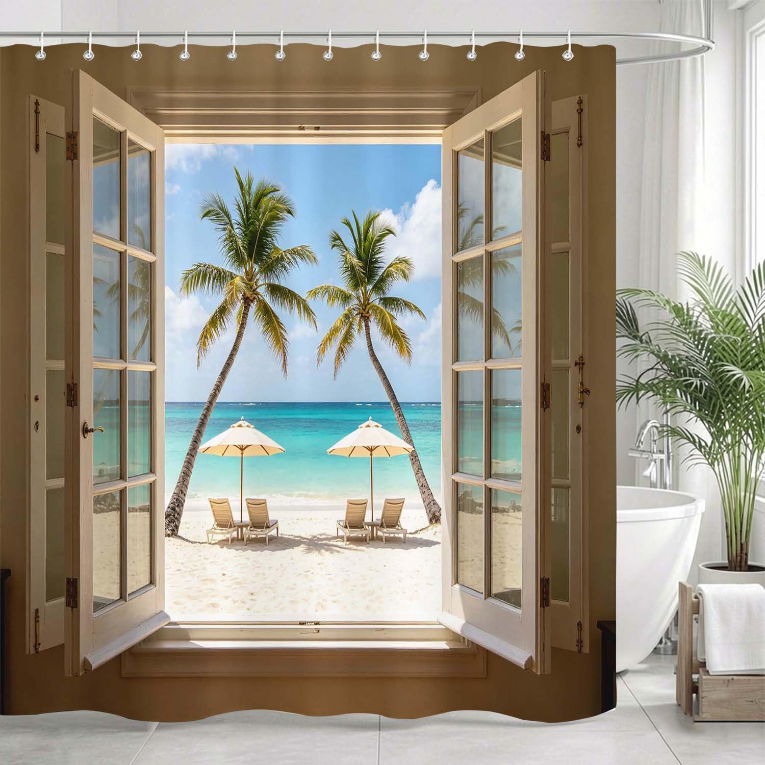 Rideau de Douche Anti Moisissure Vue de la Fenêtre, Rideau de Bain Hawaï 3D Rideaux de Douche en Polyester, Imperméable, Lavable en Machine, avec Crochets, 300 x 200 cm 275-YLP