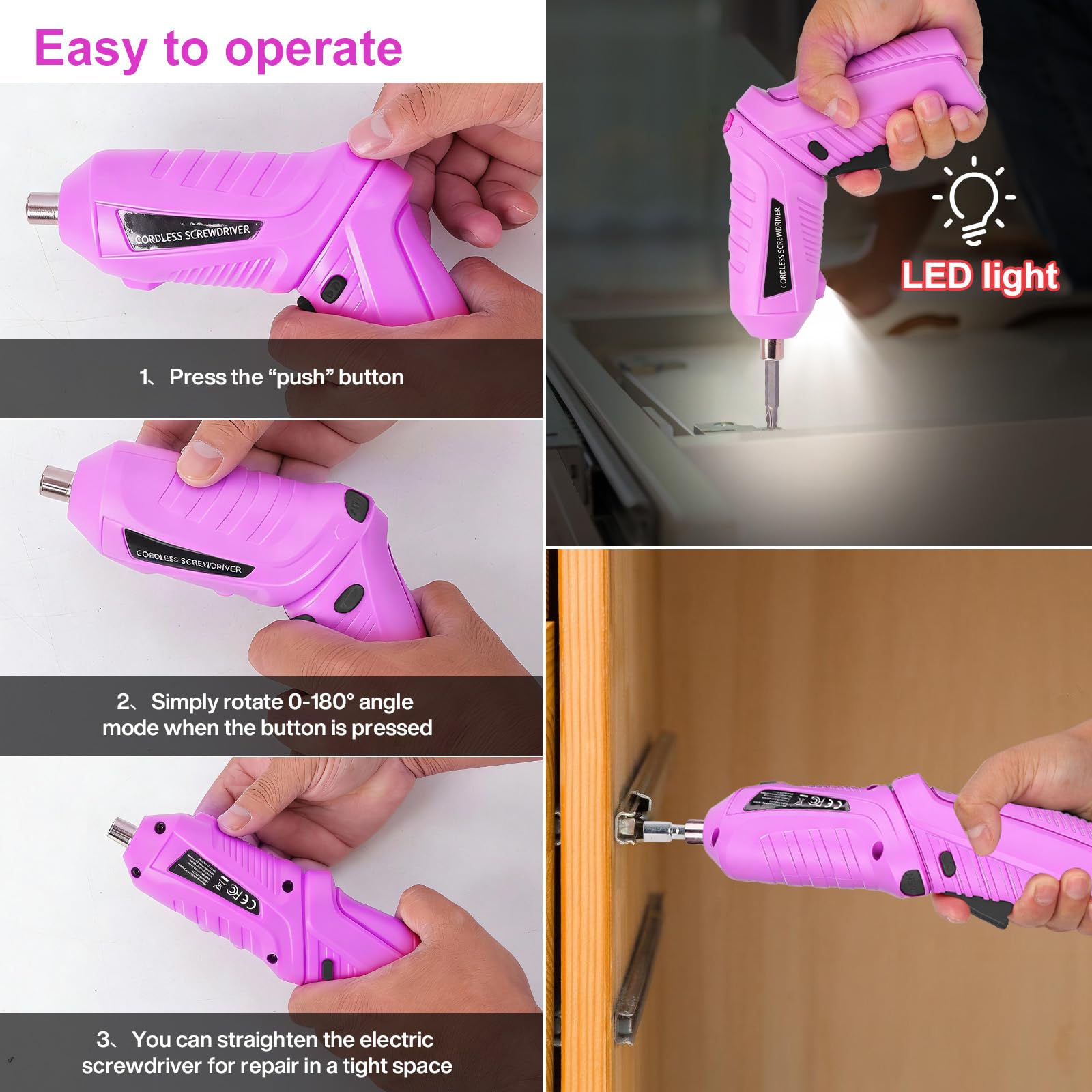 Mini Avvitatore a Batteria 3.6V 1300mAh Ricaricabile USB, Cacciavite Elettrico 47 Pezzi, Coppia 3.6Nm, 2 Posizioni 90°-180°, Luce LED Nero