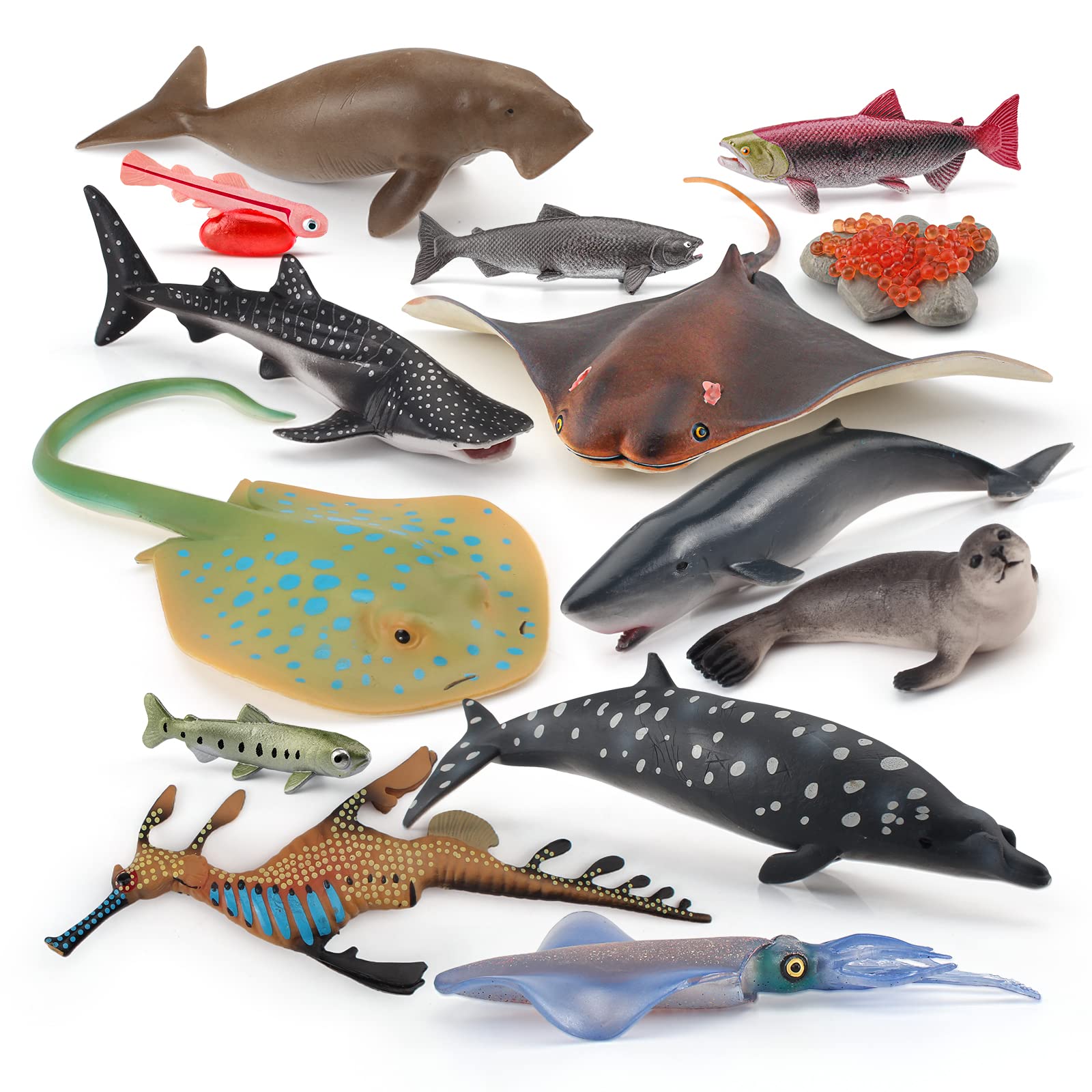 Jumbo Whale Toy Figure Set 14PCS Sea Creatures Toys for Kids Cuttlefish Figurine Sperm Whale Toys Whale Shark Model Salmon Educational Toy Shark Toys