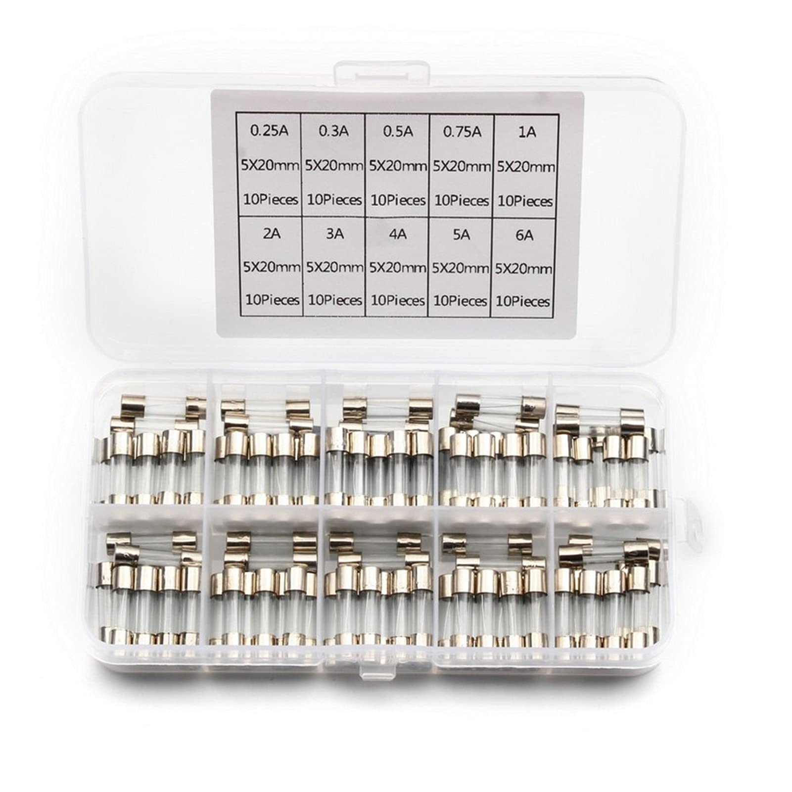 fuses 100PCS/Set 5x20mm Glass Tube Fuses Set Quick Blow Glass Tube Fuse Set 0.25/0.3/0.5/0.75/1/2/3/4/5/6A 250V with Box fuses