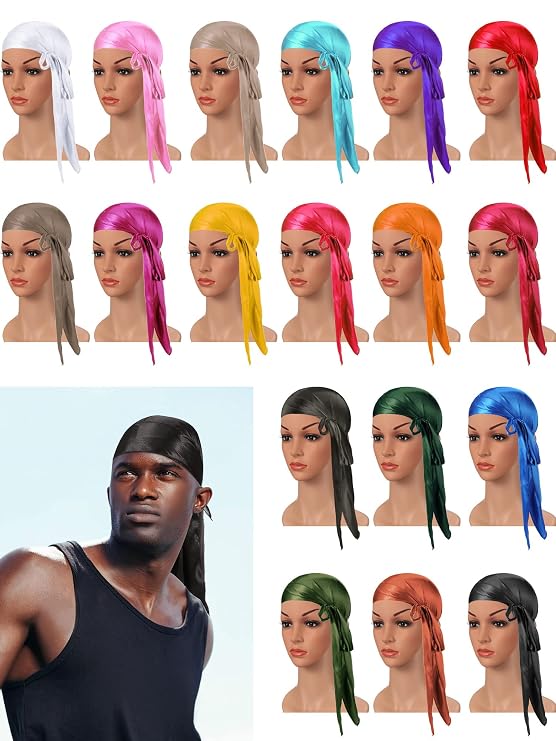 Geyoga 18 Pcs Silky Durag Headwraps Dorag for Men Women Waves Durags Pack with Long Tail and Wide Straps 18 Colors(Assorted Color)