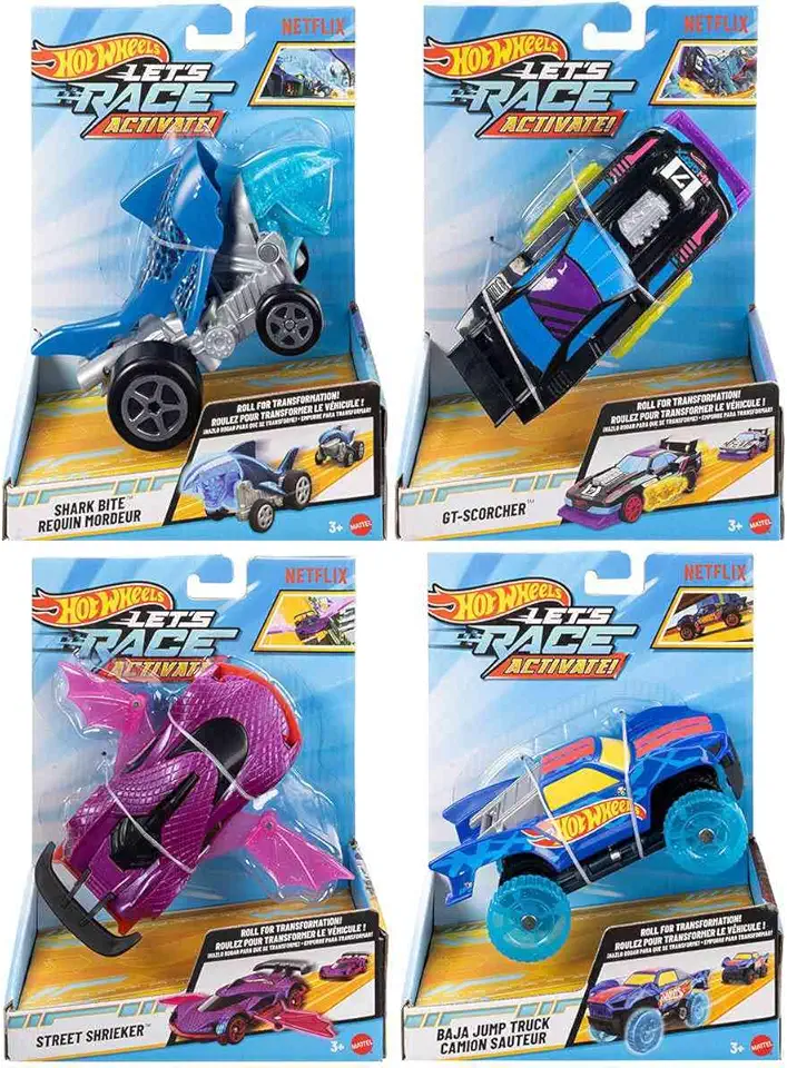 Hot Wheels Let’s Race com 13 cm, poderes secretos que se ativam ao rodar. Inspire aventuras criativas com chamas, rodas transformáveis e mais!