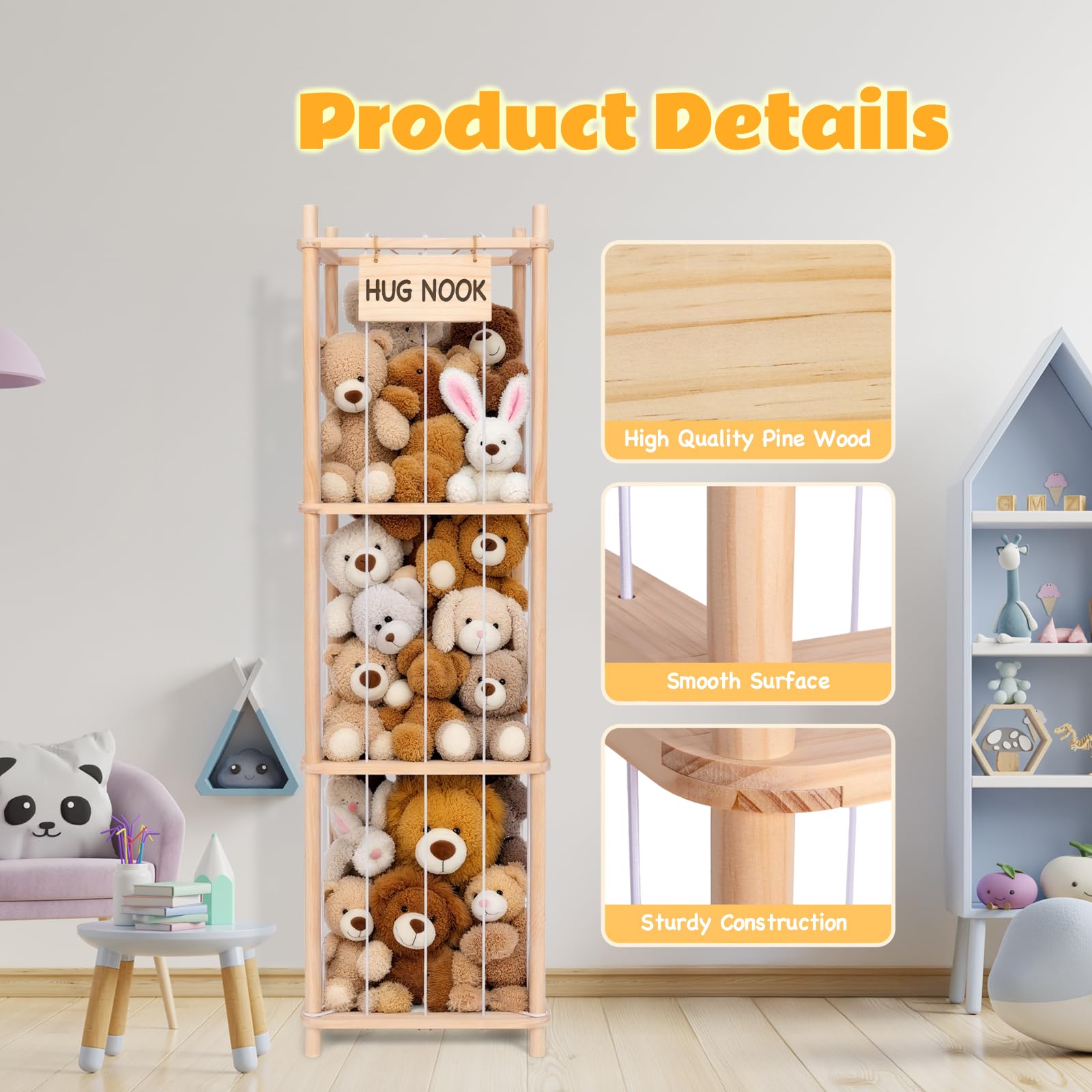 Rangement Peluche, Organisateur à Peluches en Bois, Organisateur de Rangement Gain de Place pour Jouets, Range Peluche pour Salle de Jeu, Chambre à Coucher, Décoration Intérieure