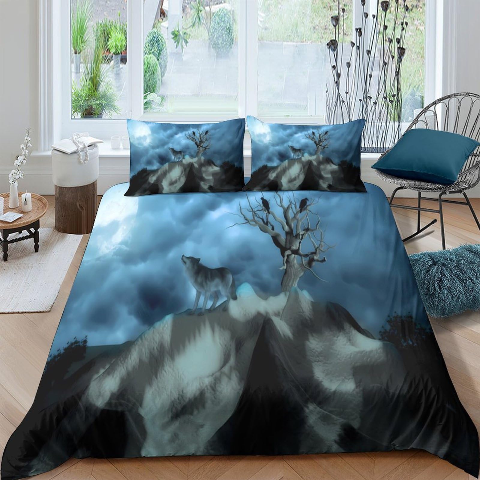 Ctjqhvkz Style-1 3D Printed Wolf Mountain Fitted Sheet Microfiber Soft Dark Forest Bed Sheet For Bedroom Guest Room Mattress Cover Decor Single（135X200cm）