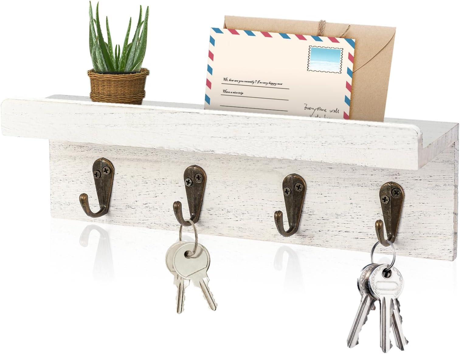 HRONRAD Rustic Key Holder for Wall, Farmhouse Wall Shelf with 4 Hooks, Wall Mounted Key Racks, Wooden Mail Organizer with Hooks for Entryway (White)